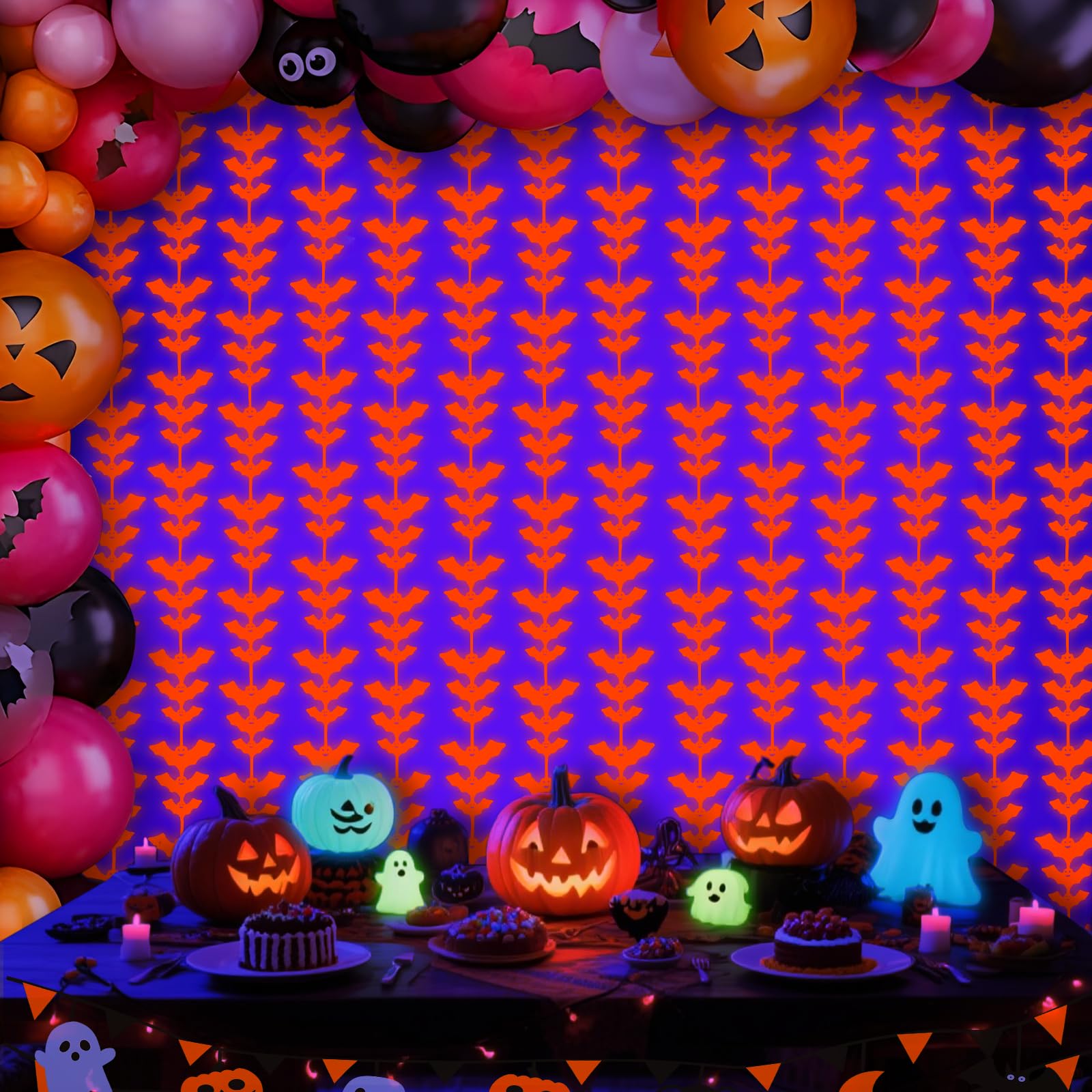 Halloween Glow in the Dark Bat Foil Fringe Curtains – 2 Pack Fluorescent Orange Tinsel Backdrop for Neon Party & Photo Booth (3.3x6.6ft)