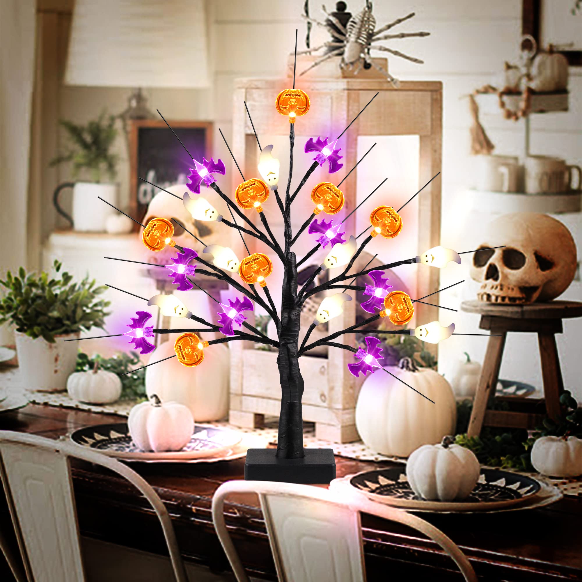 Lighted Halloween Tree – 24 LED Pumpkin, Bat & Ghost Lights with Adjustable Branches, USB or Battery Powered Tabletop Decoration (Timer Function Included)