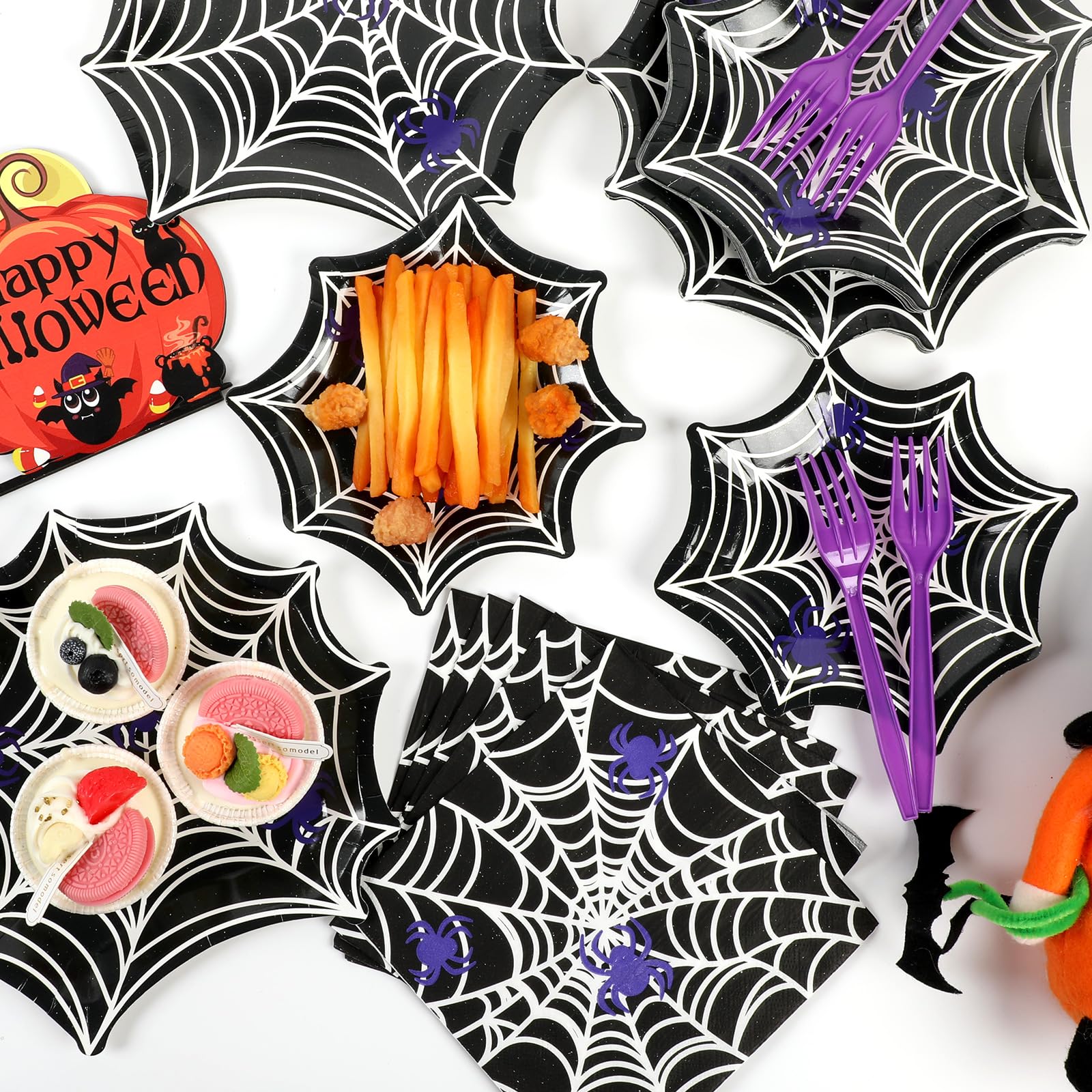 Halloween Spider Web Party Tableware Set – 96 Pcs Disposable Plates, Napkins & Forks for 24 Guests