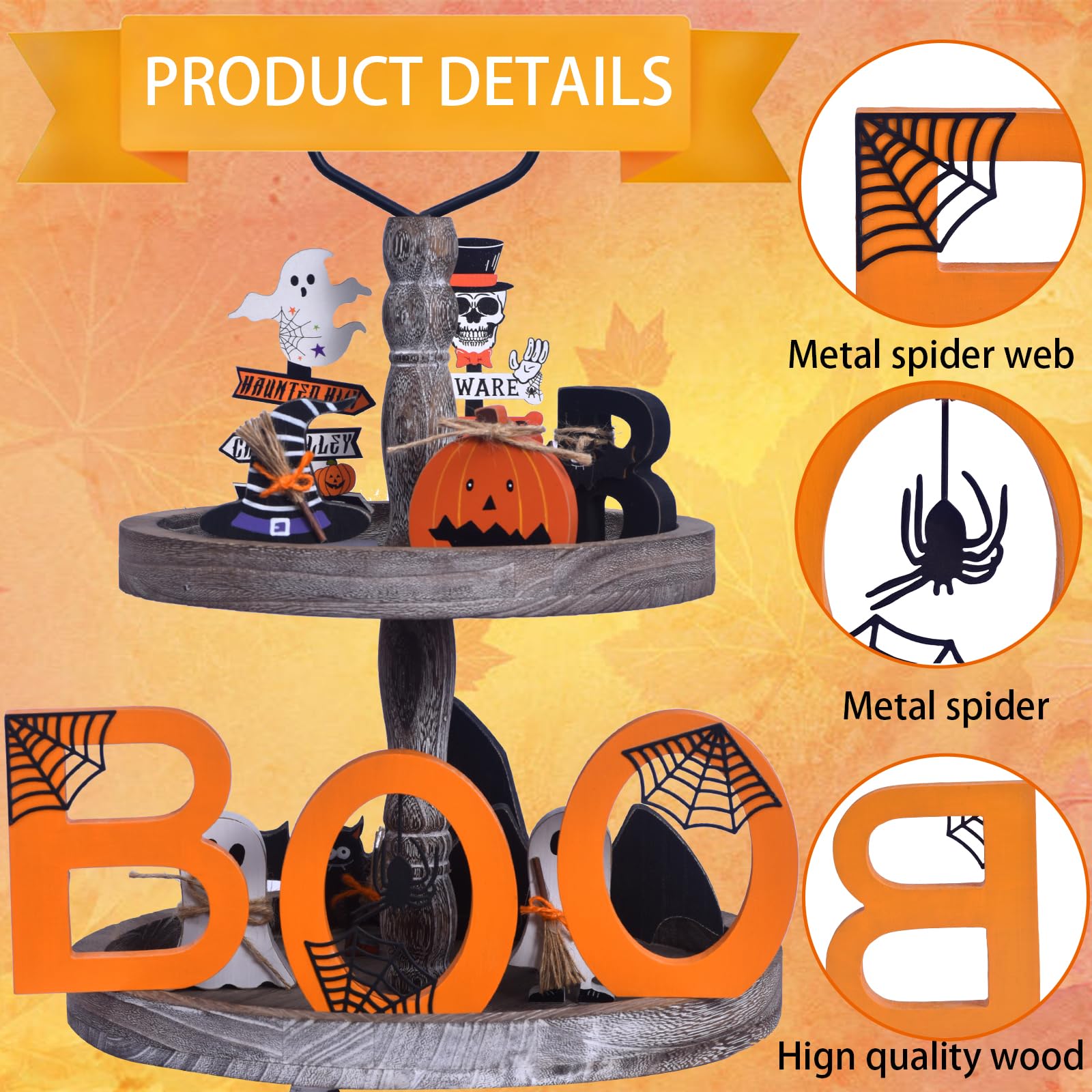 BOO Halloween Wooden Sign – Double-Sided Tabletop Decor with Metal Spiderwebs & Pumpkin Orange Letters