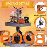 BOO Halloween Wooden Sign – Double-Sided Tabletop Decor with Metal Spiderwebs & Pumpkin Orange Letters