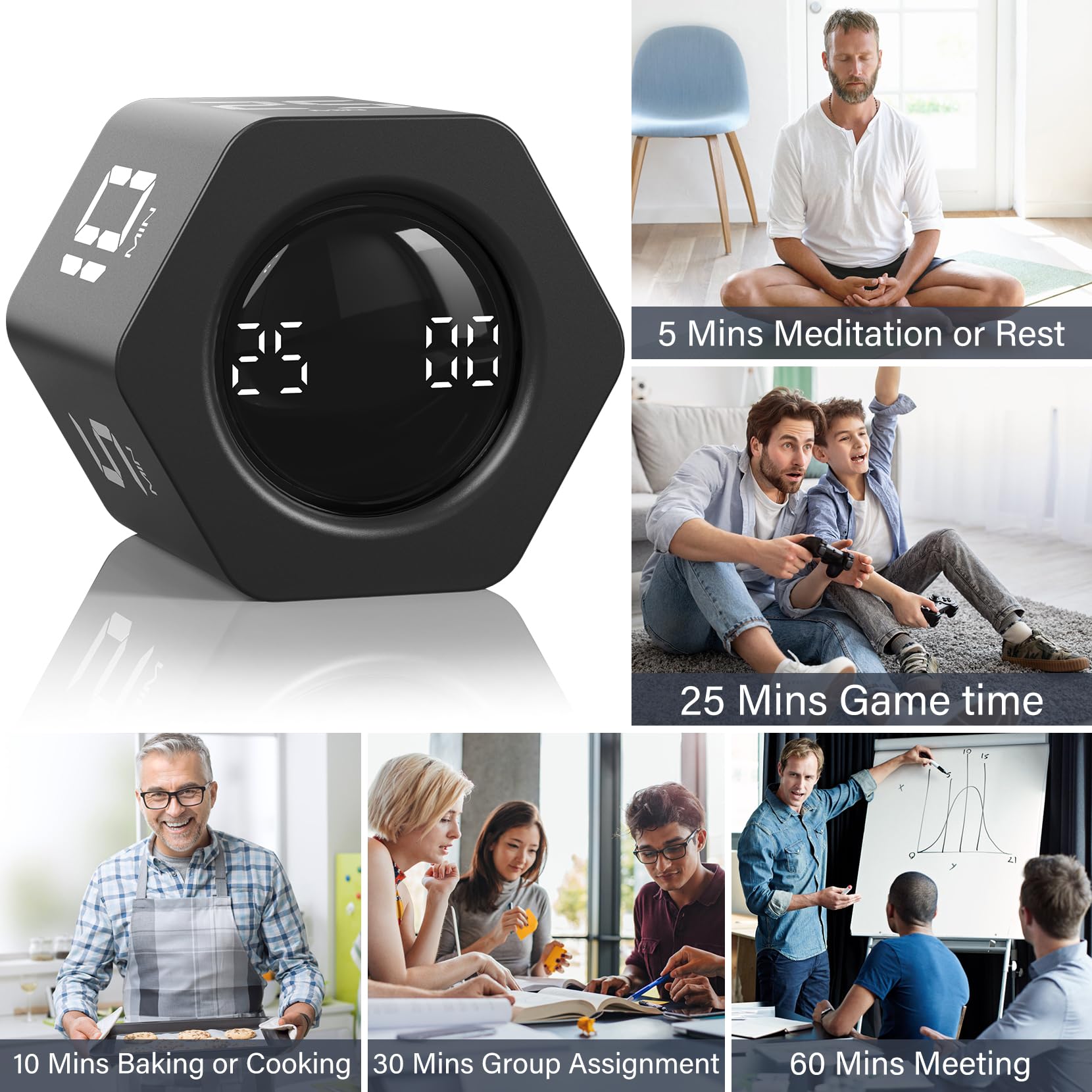 Rotating Pomodoro Timer Hexagon with Flip Control, Preset 5/10/25/30/60 Min & Stopwatch, Silent Vibration Desk Timer for Work, Study & Kitchen – Black