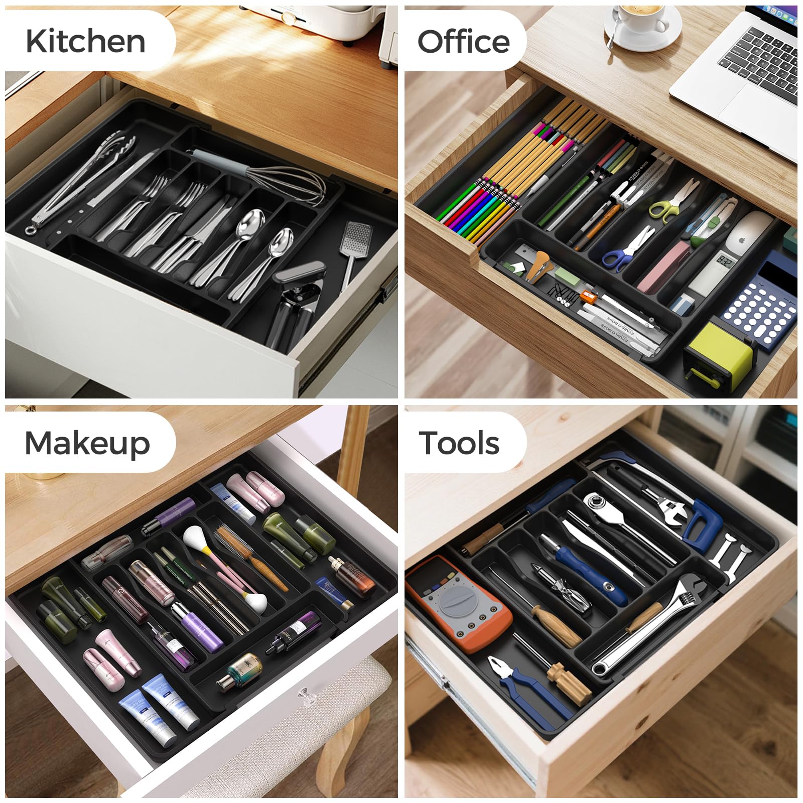 Expandable Silverware Drawer Organizer – Adjustable Cutlery Tray with Deep Compartments (Black)