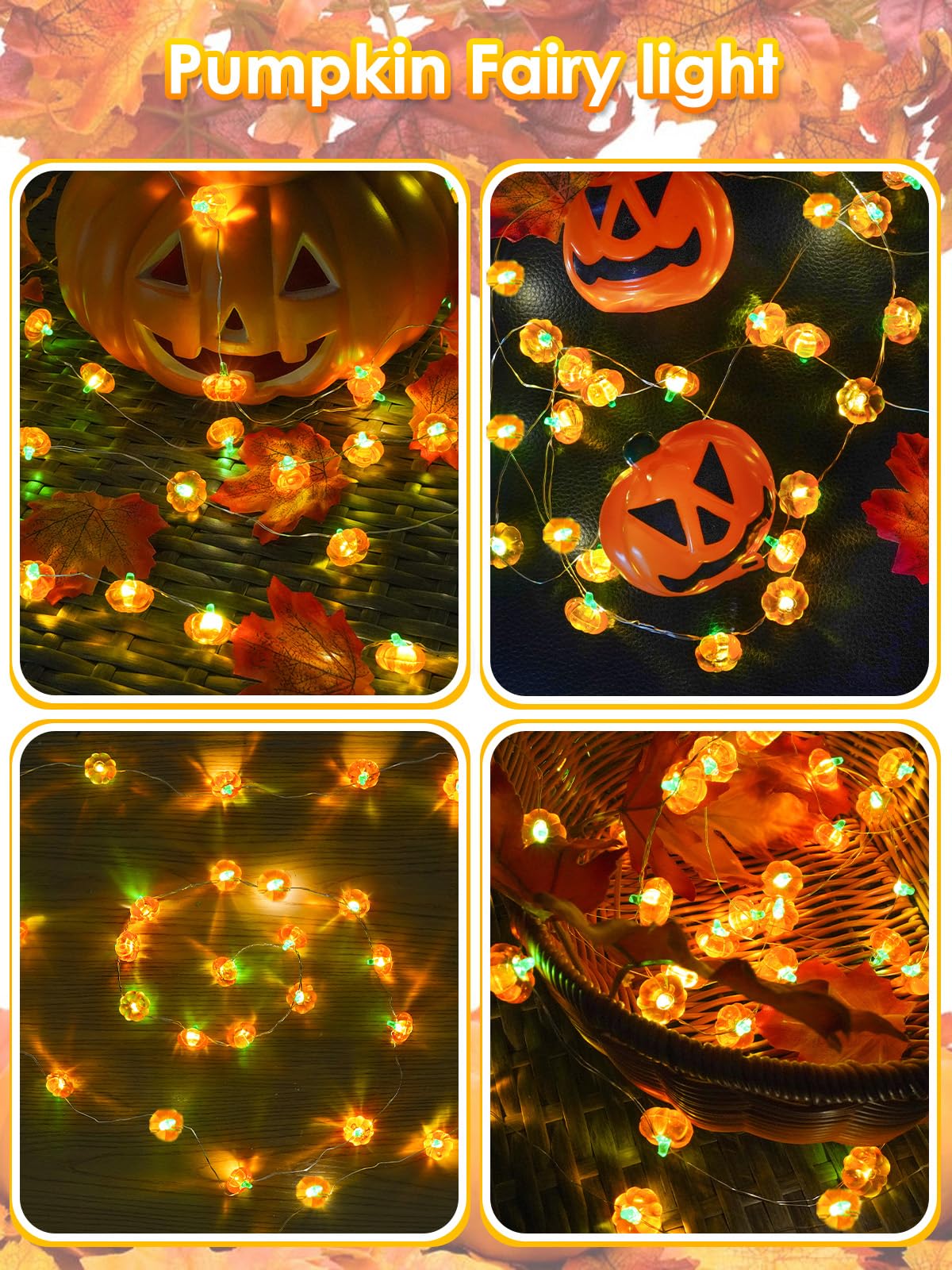 30 LED Orange Pumpkin String Lights – Battery Operated Fairy Lights with Remote, 8 Modes & Timer for Halloween & Fall Décor