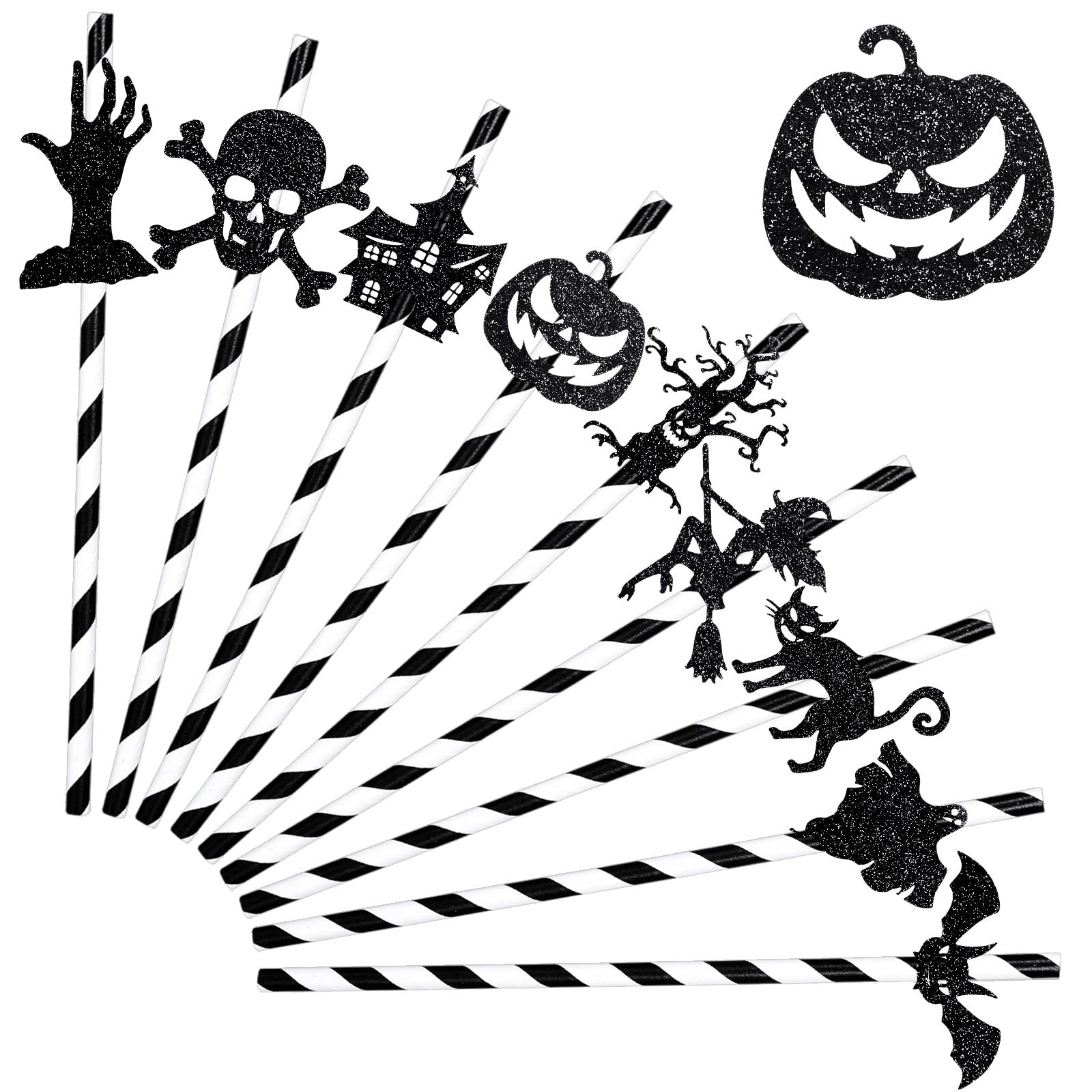 Halloween Paper Straws with Pumpkin, Bat & Witch Card Toppers – 18 Pcs Black/White Party Drinking Straws