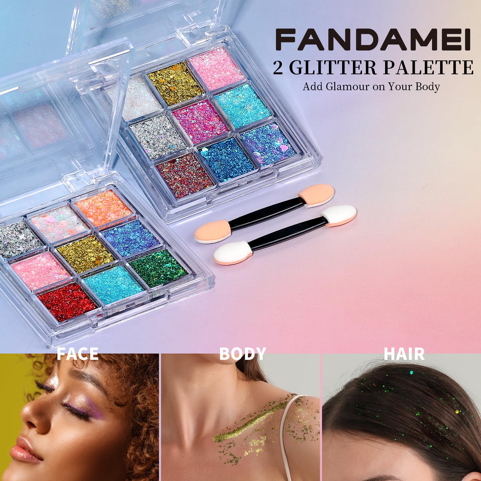 FANDAMEI 18-Color Glitter Gel Palette – No-Glue Body & Face Glitter Makeup for Festivals, Halloween & Parties