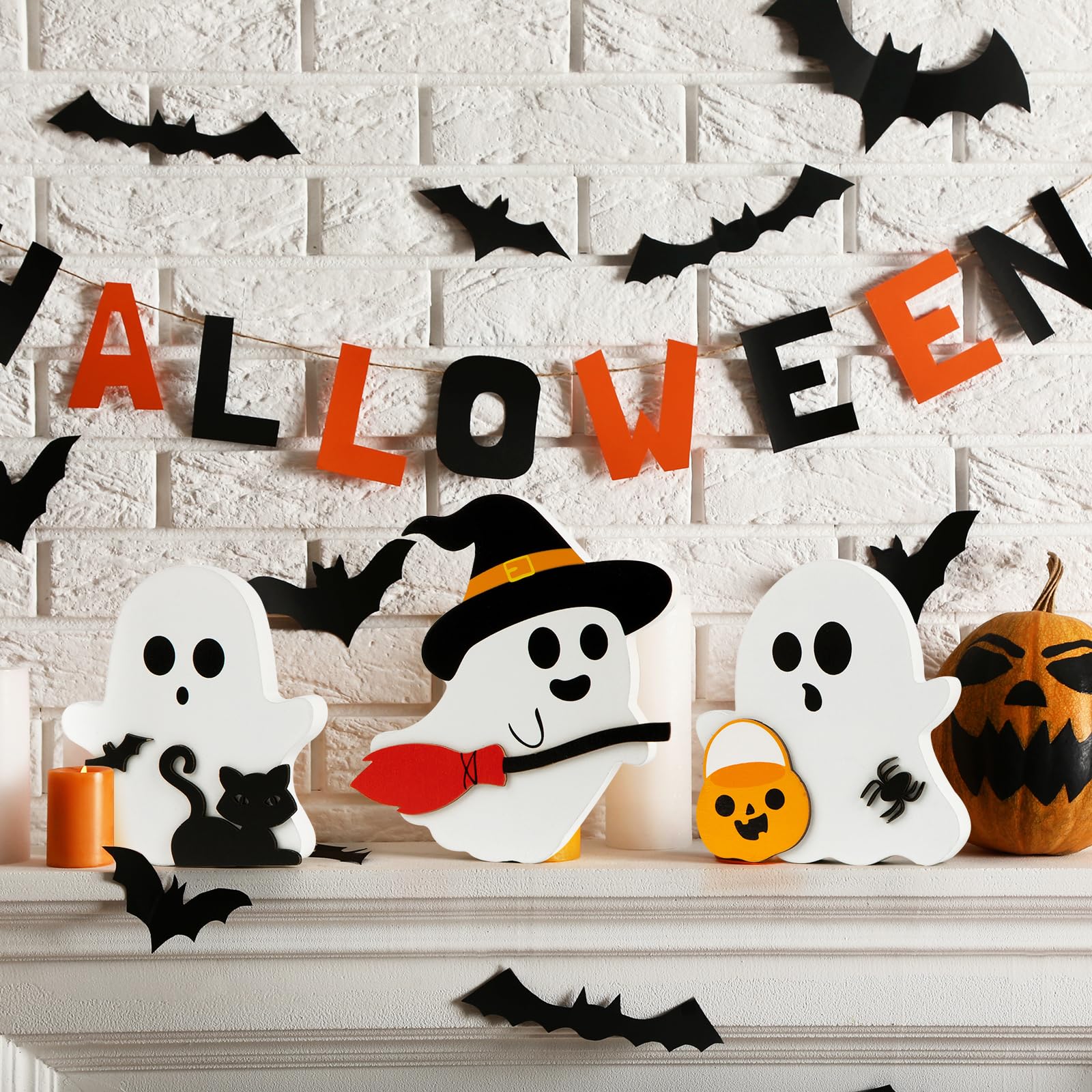 Cute Wooden Halloween Tiered Tray Decorations – 3-Piece Ghost, Pumpkin & Cat Table Decor Set