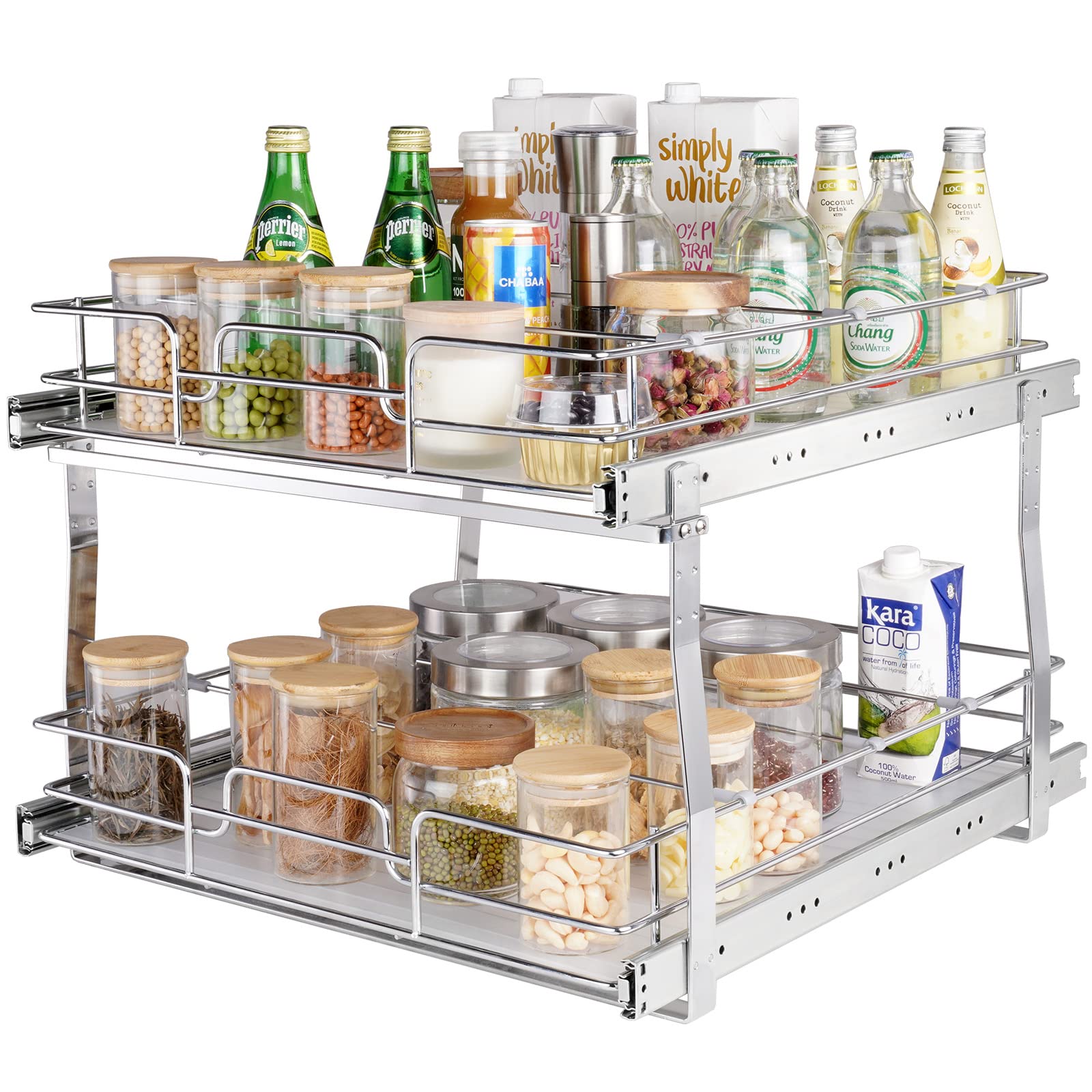 2-Tier Heavy-Duty Pull-Out Cabinet Organizer – Steel Slide-Out Pantry Shelves with Smooth Ball-Bearing Rails (18.7” W x 21” D)