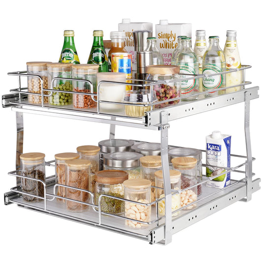 2-Tier Heavy-Duty Pull-Out Cabinet Organizer – Steel Slide-Out Pantry Shelves with Smooth Ball-Bearing Rails (18.7” W x 21” D)