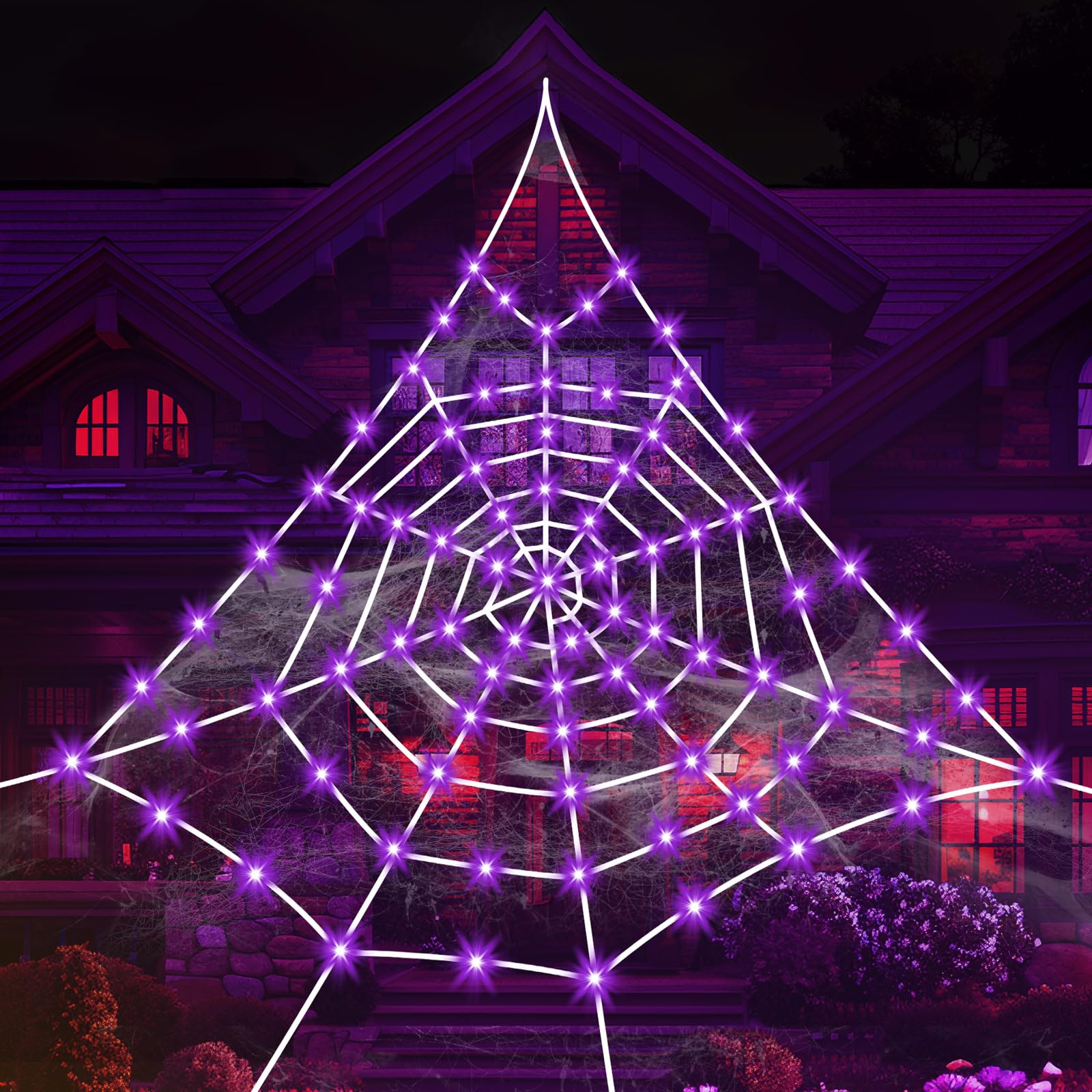 Large Lighted Halloween Spider Web – 250 LED Purple Lights with Hook & Stakes, Weatherproof Outdoor Decoration