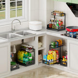 Height-Adjustable 2-Tier Under Sink Organizer (2-Pack) – Slide-Out Cabinet Storage with Secure Basket Design, Black