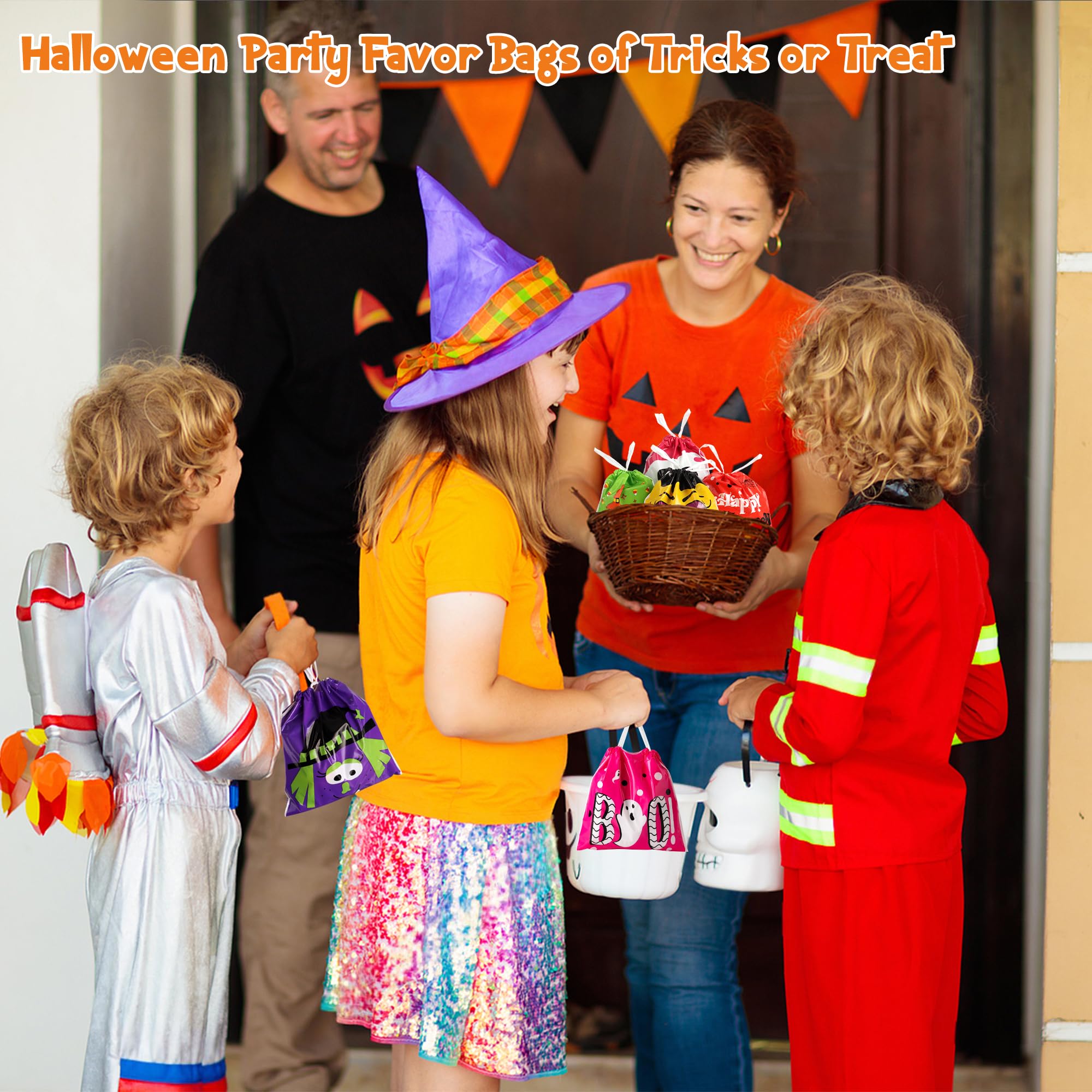 96-Pack Halloween Drawstring Candy Bags – 12 Cute Designs, Durable 6x6" Trick-or-Treat Goodie Bags for Kids & Parties