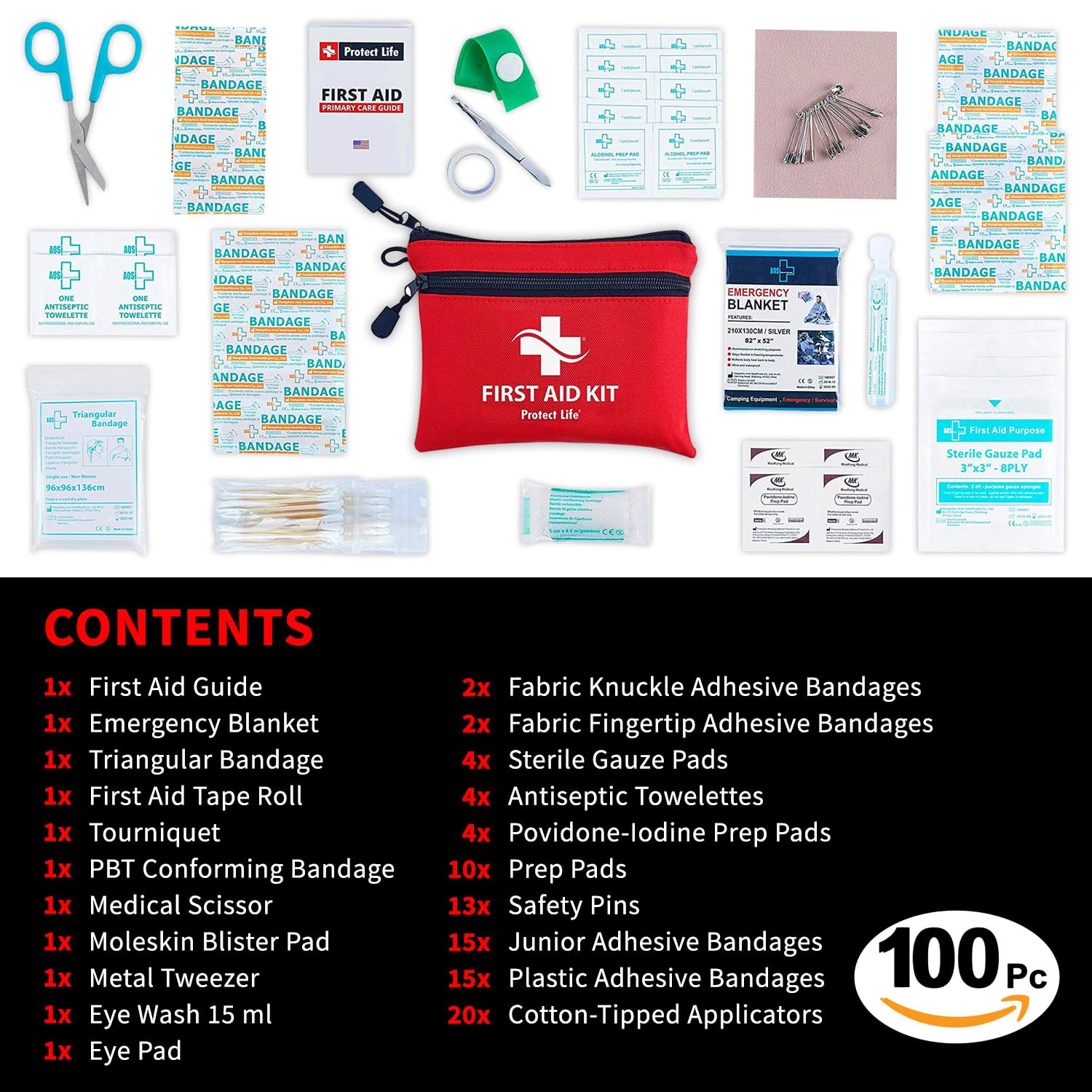 PROTECT LIFE Survival First Aid Kit (100 Pieces) – Compact Emergency Medical Kit for Camping, Travel & Outdoor Use
