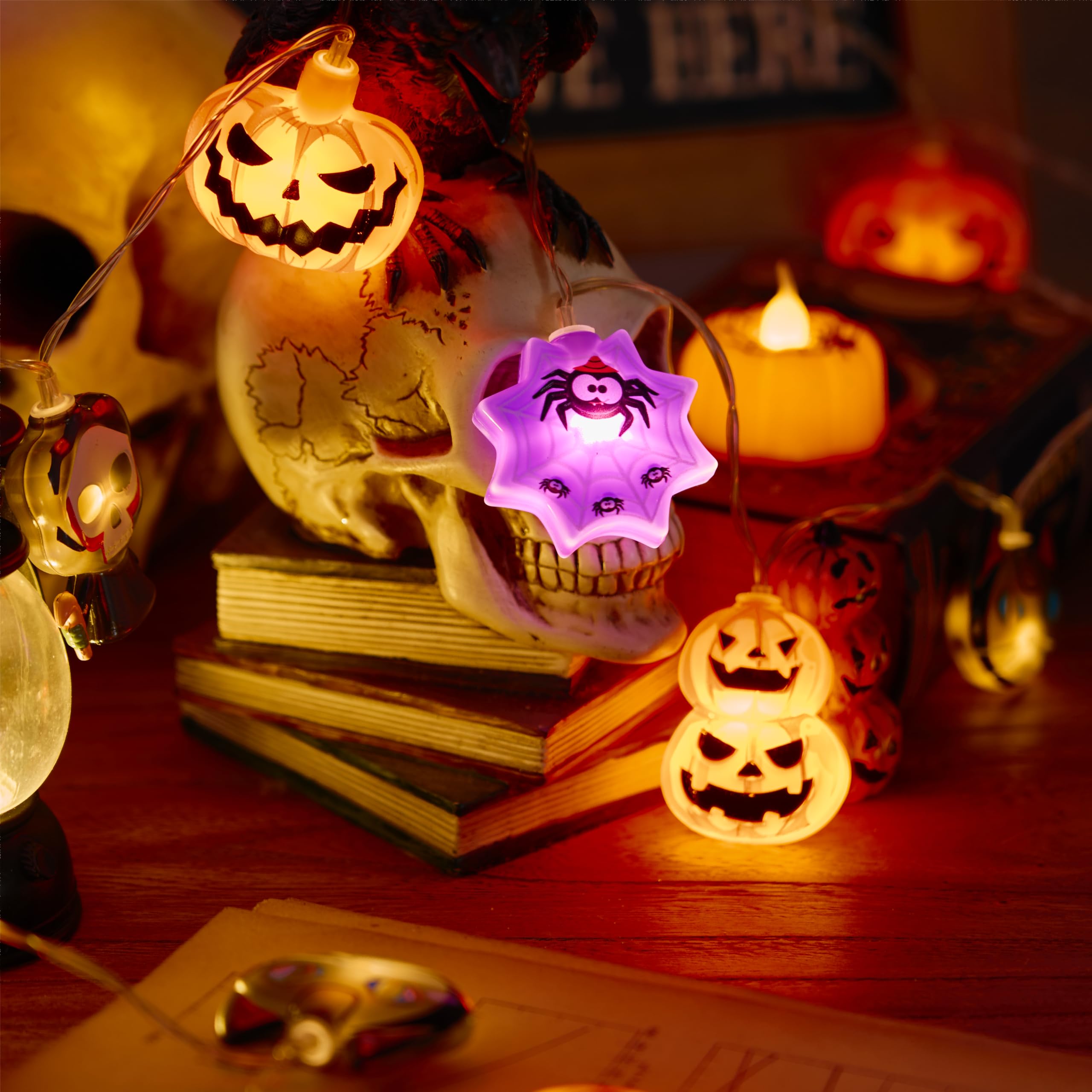 Halloween LED String Lights – 20 Battery-Operated Pumpkin, Ghost & Witch Lights with Timer & 8 Modes (9.8Ft)