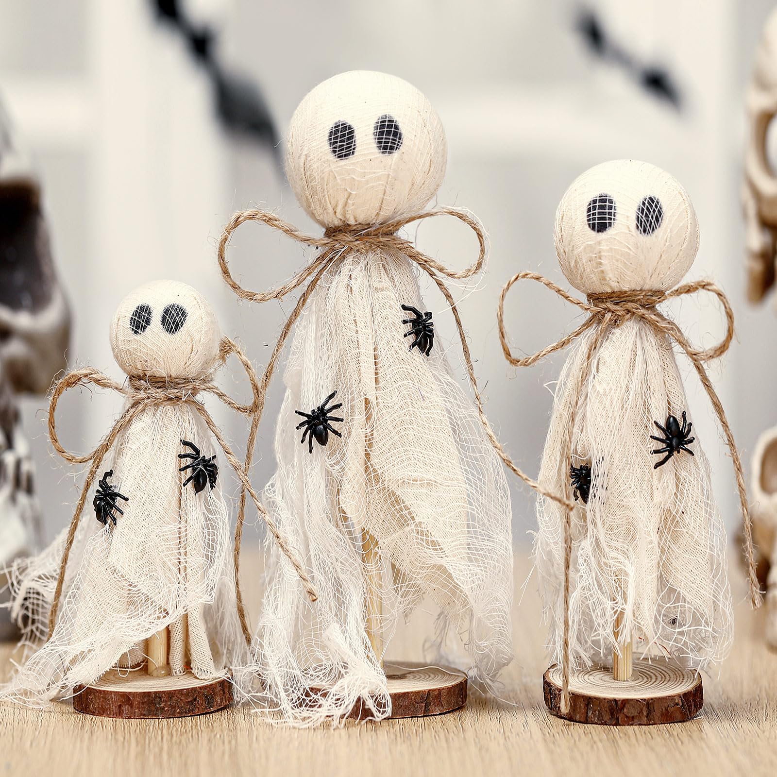 Set of 3 Wooden Ghost Shelf Sitters – Rustic Halloween Fabric Ghost Decorations for Table, Mantel & Tiered Tray