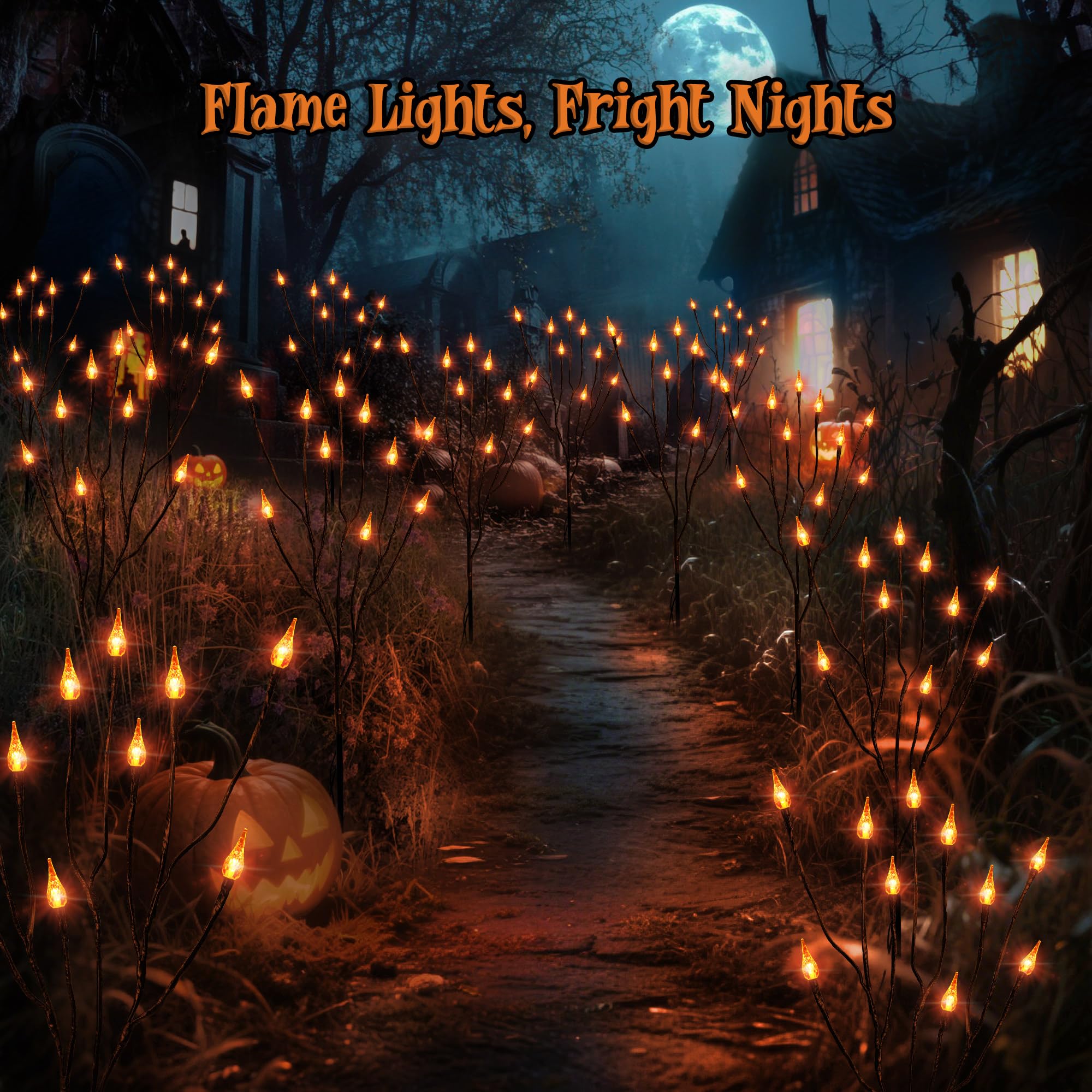 Orange Halloween Candle Pathway Lights – 3-in-1 Flickering LED Stakes with Timer & 8 Lighting Modes