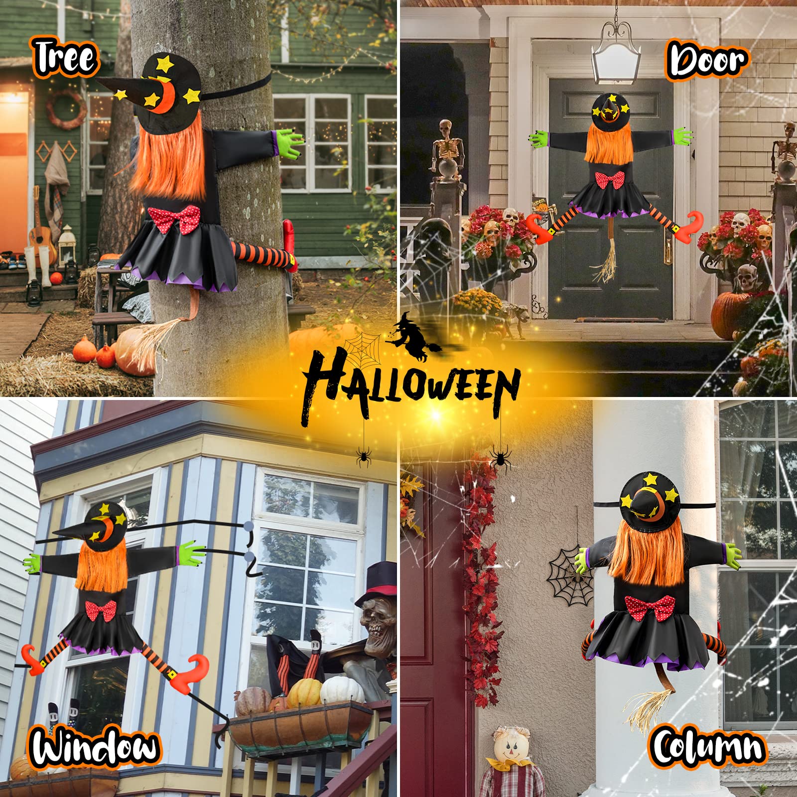 Crashing Witch Halloween Decoration – Life-Size Funny Yard Prop with Starry Hat, Striped Stockings & Pumpkin Hair (Orange)