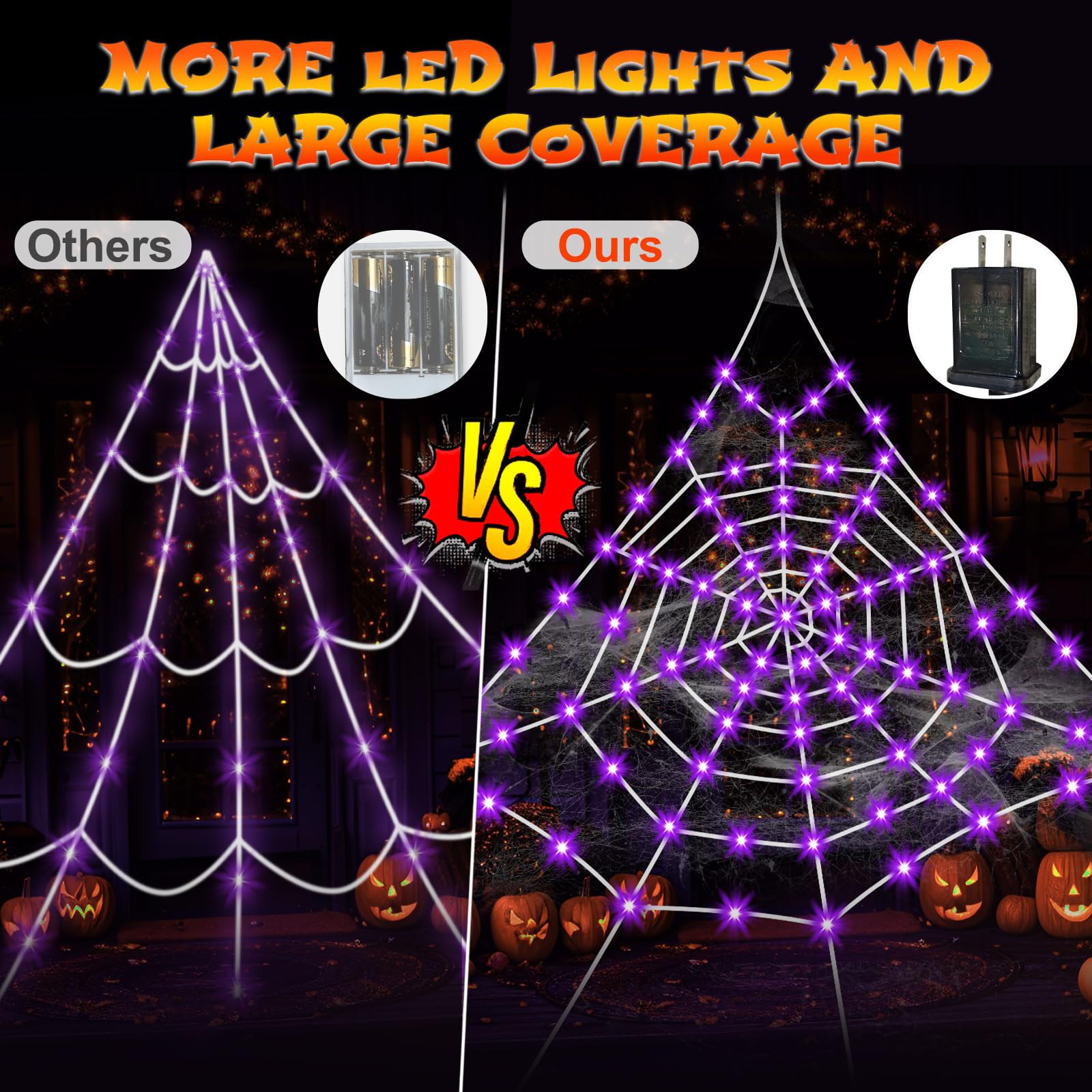 Large Lighted Halloween Spider Web – 250 LED Purple Lights with Hook & Stakes, Weatherproof Outdoor Decoration