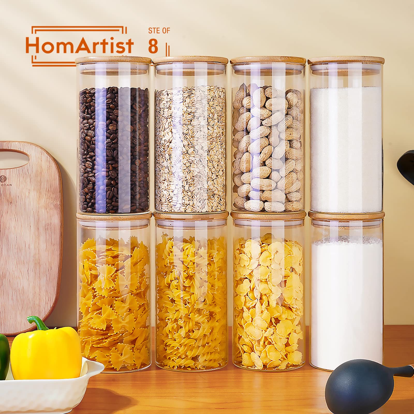 HD Clear Medium Glass Jars with Bamboo Lids – 8-Piece Borosilicate Pantry Storage Set (28 oz)