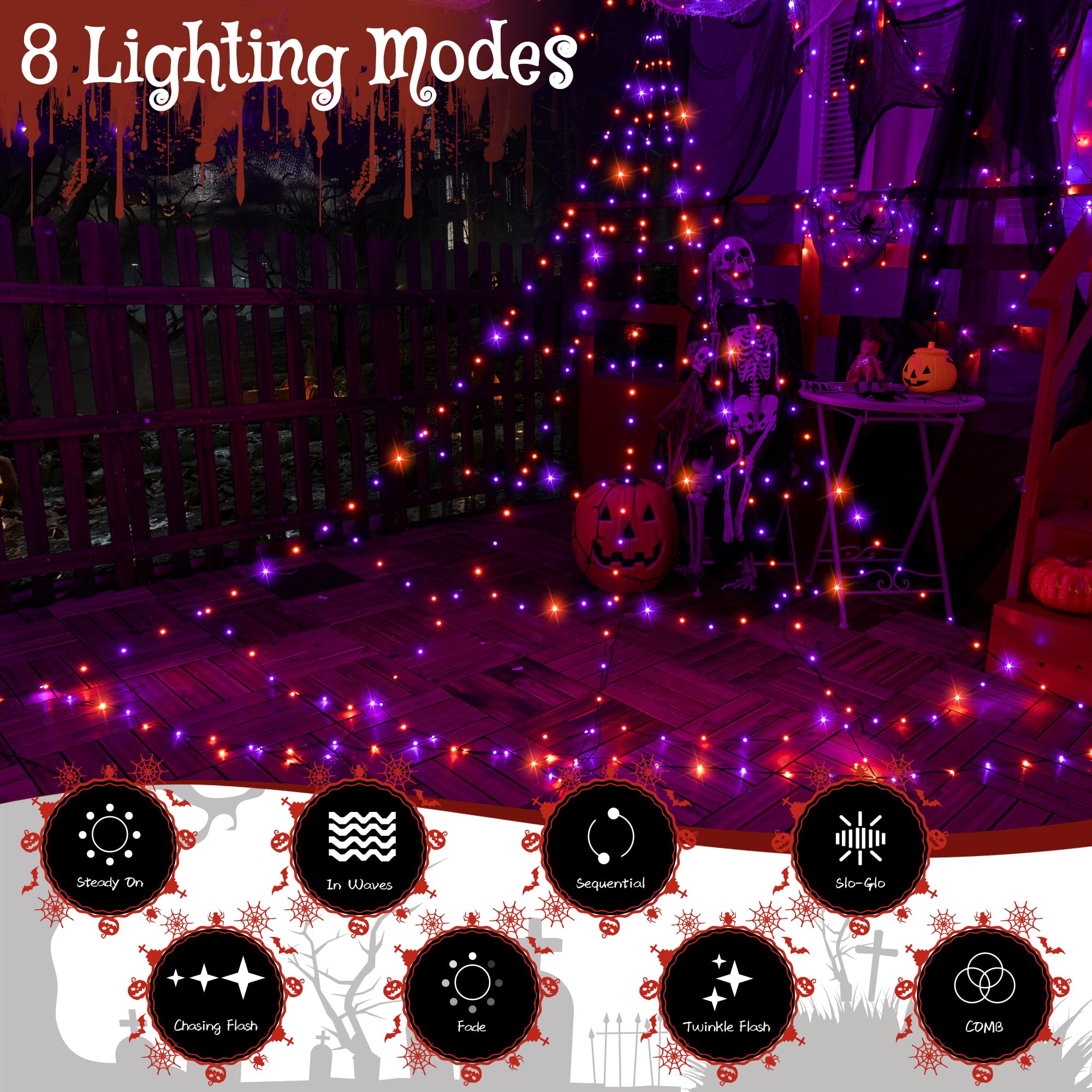 Halloween Spiderweb Lights – 266 LED Orange & Purple Outdoor Web with Remote, 8 Modes & Timer (9.8ft, IP67 Waterproof)