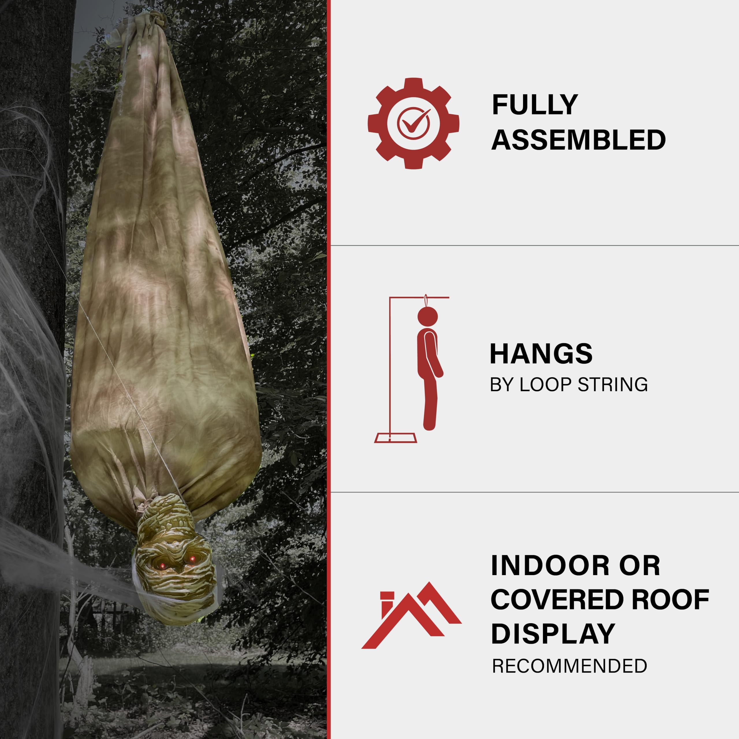 5ft Upside Down Hanging Skeleton Animatronic – LED Eyes, Sound & Motion Activated Halloween Prop