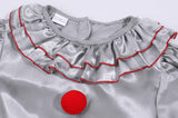 Girls Gray Killer Clown Costume – Complete Halloween Outfit with Dress, Gloves, Leg Warmers & Red Clown Nose