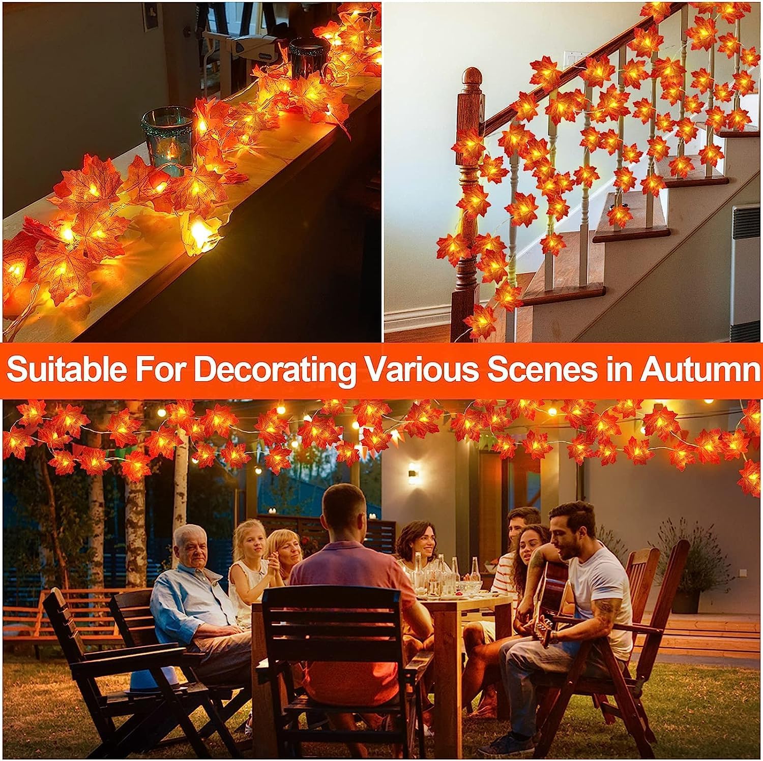 3 Pack Fall Maple Leaf String Lights – 30FT 60 LED Garland with Timer for Halloween & Thanksgiving Décor (Orange & Yellow)