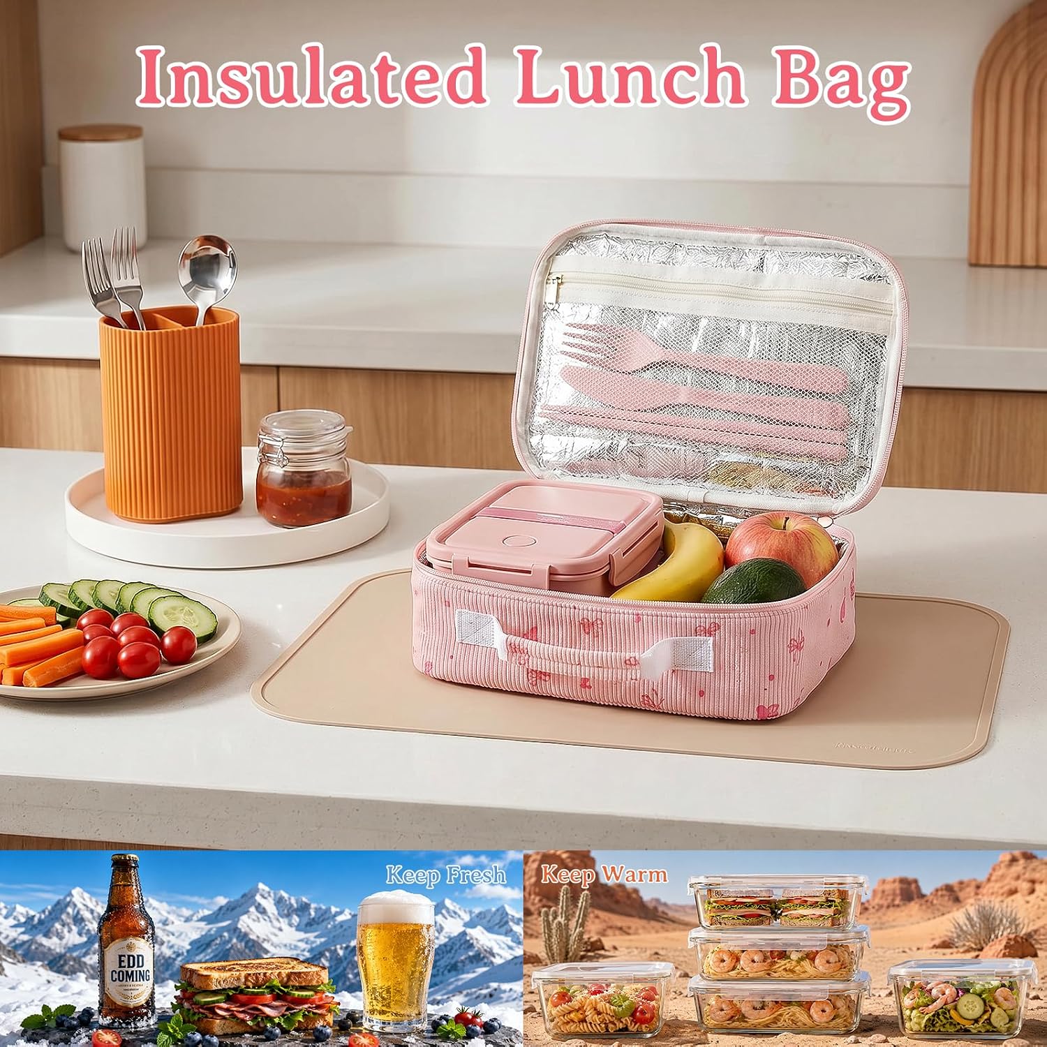 Pink Bow Corduroy Backpack Set with Lunch Bag