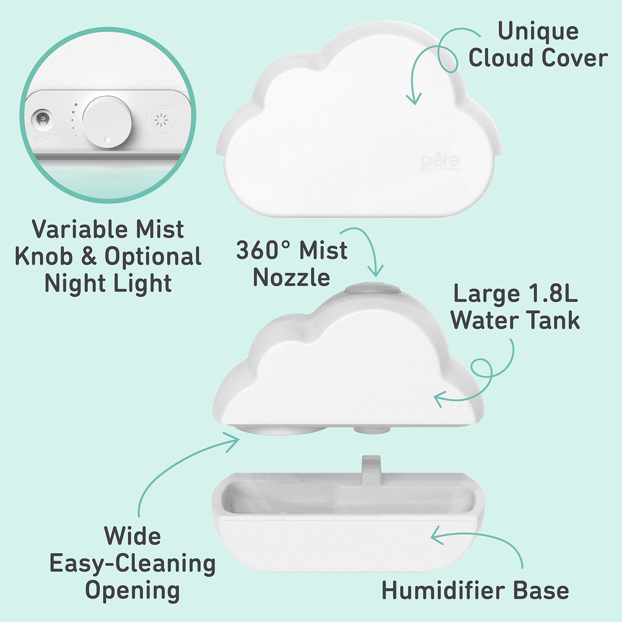 PureBaby Cloud Cool Mist Humidifier with Night Light – 1.8L Ultrasonic Nursery Humidifier for Baby Room (24-Hour Moisture)