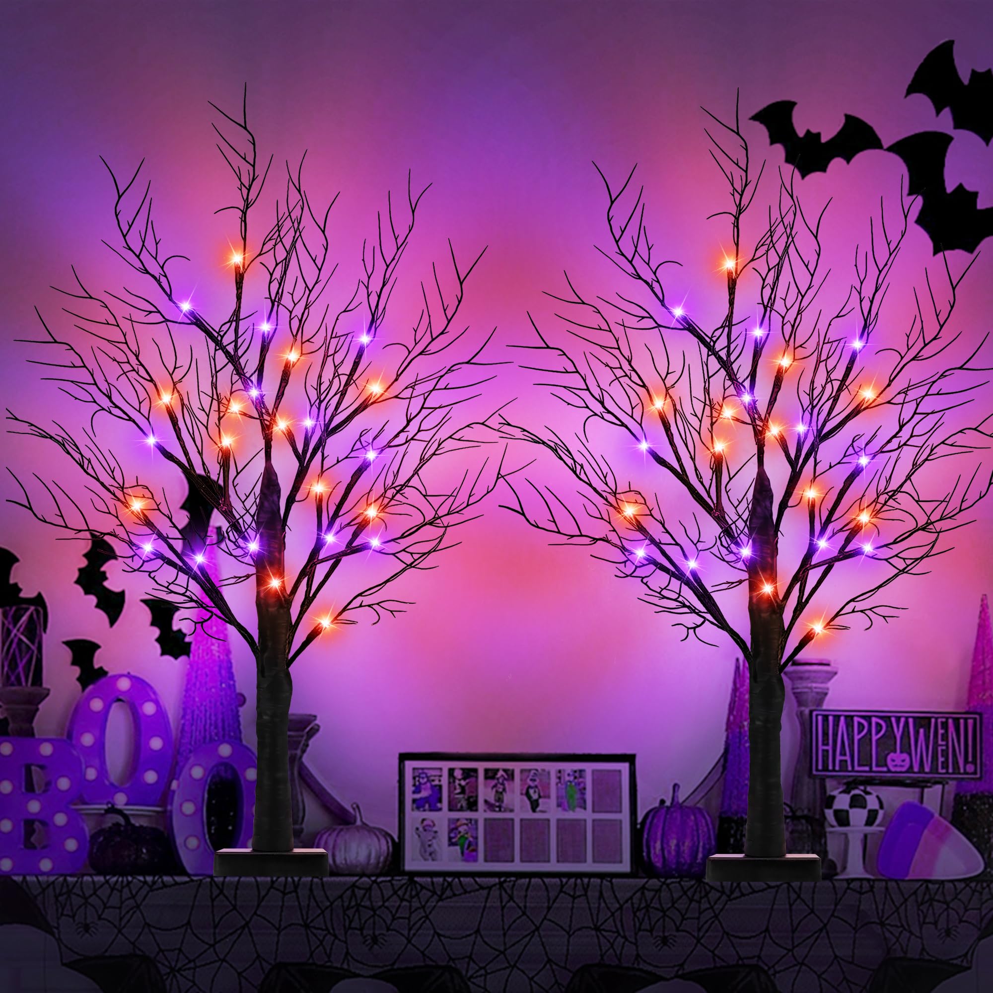 Set of 2 Black Halloween Trees – 24” Light-Up Tabletop Decor with 24 Orange & Purple LED Lights