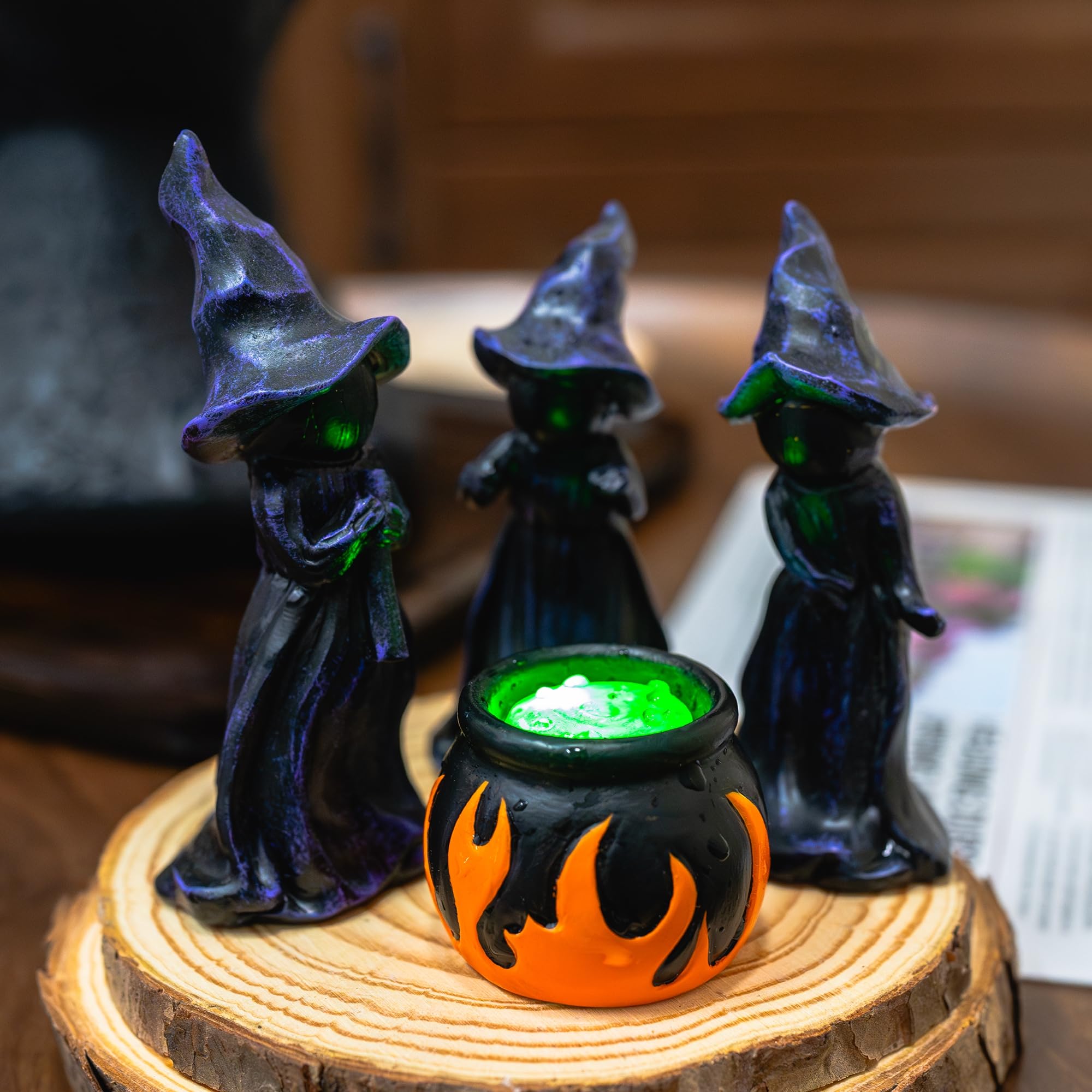 NEROSUN Lighted Witches’ Cauldron Figurines – 4-Piece LED Halloween Table & Mantel Decorations (Green Glow) 🧙‍♀️✨