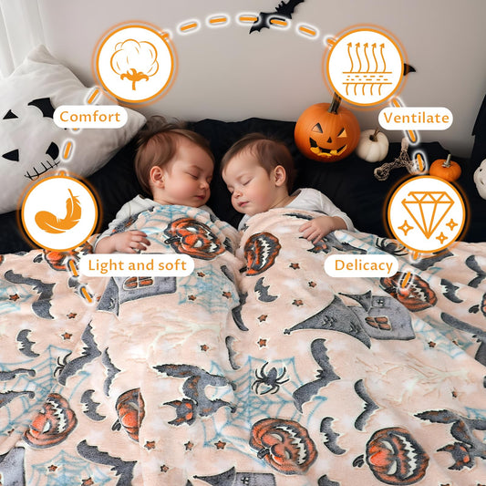 Glow in the Dark Halloween Blanket – Soft Flannel Pumpkin & Cat Throw Blanket for Kids & Adults (Skin Pumpkin)