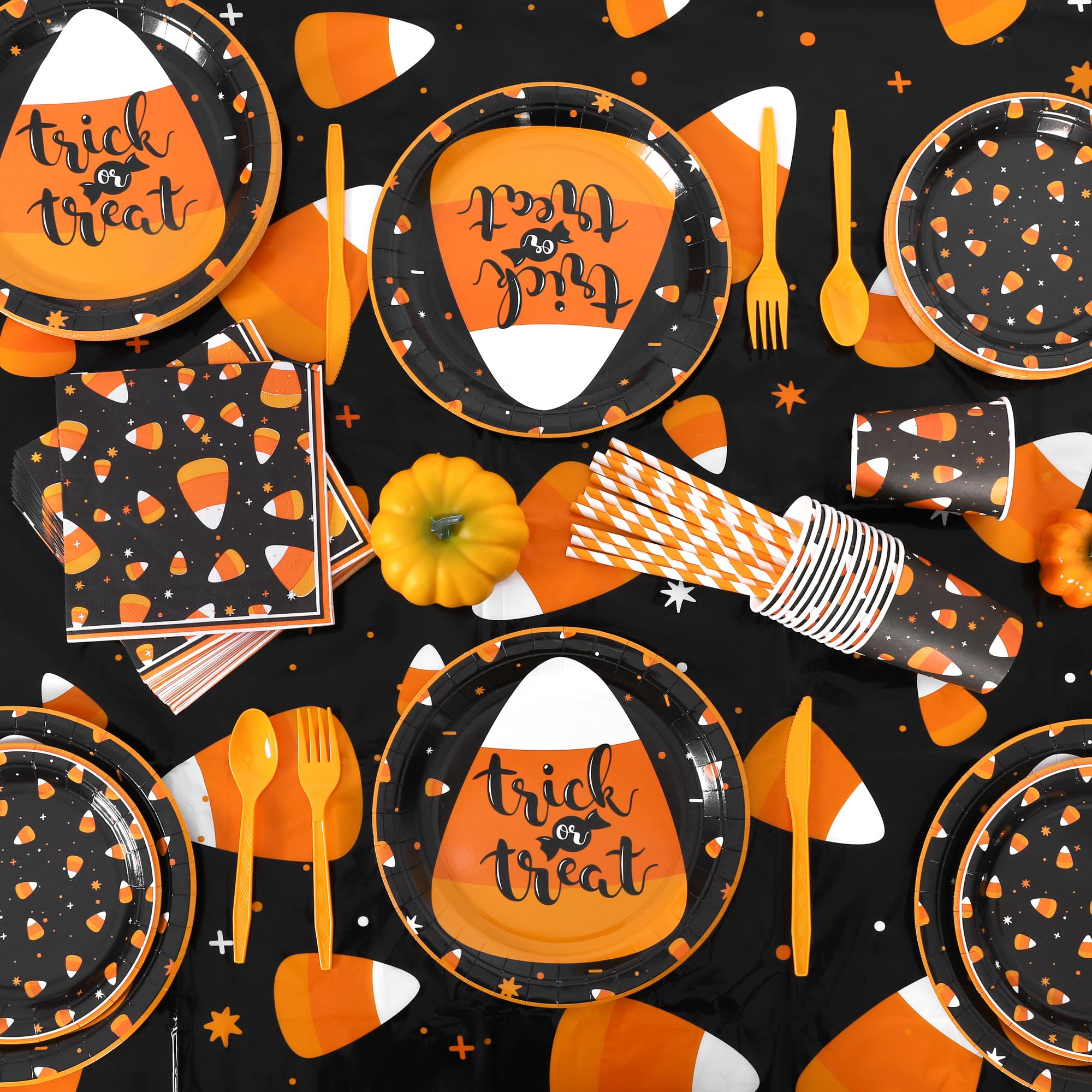 Halloween Candy Corn Party Tableware Set – 193 Pcs Plates, Cups, Napkins & Cutlery for 24 Guests