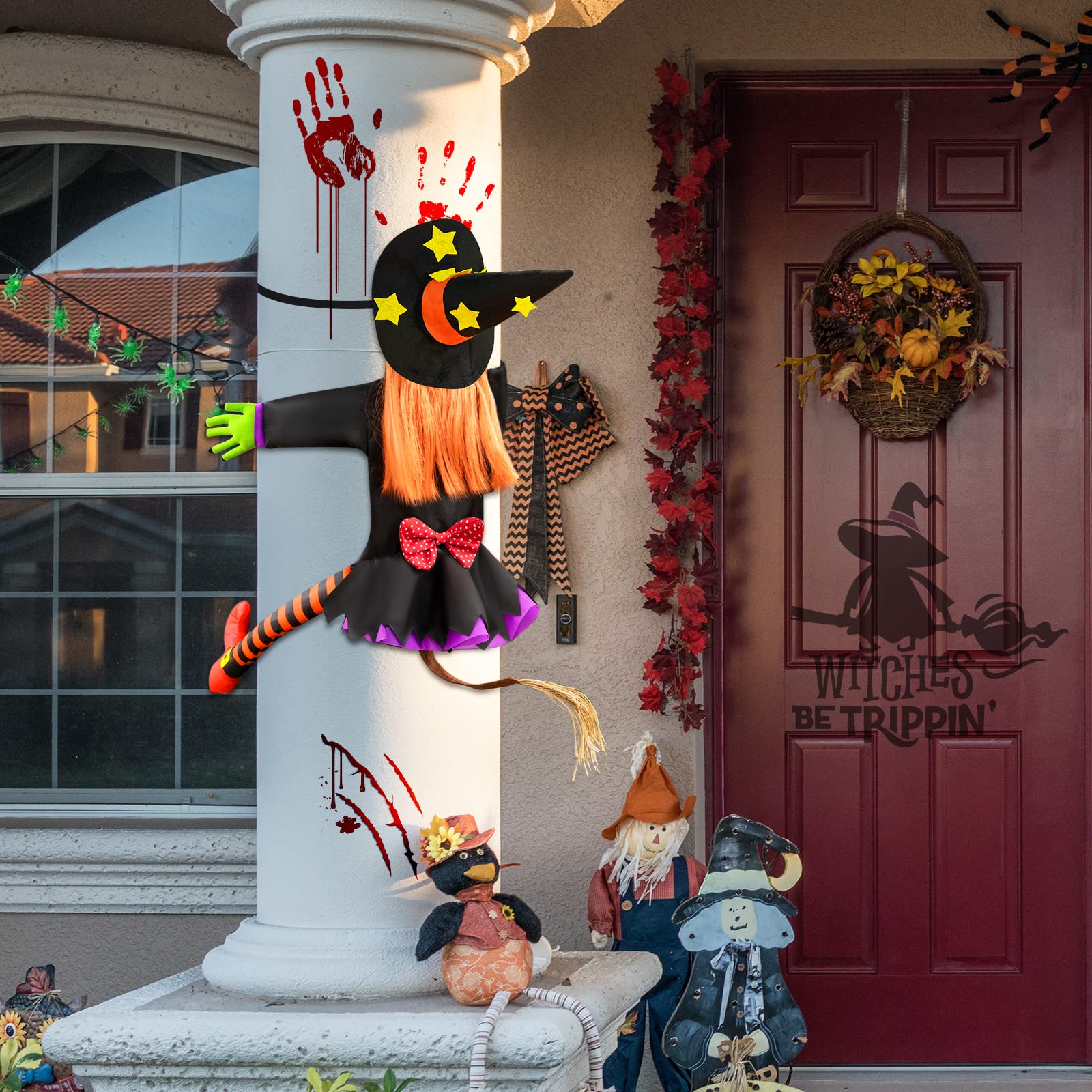Crashing Witch Halloween Decoration – Life-Size Funny Yard Prop with Starry Hat, Striped Stockings & Pumpkin Hair (Orange)