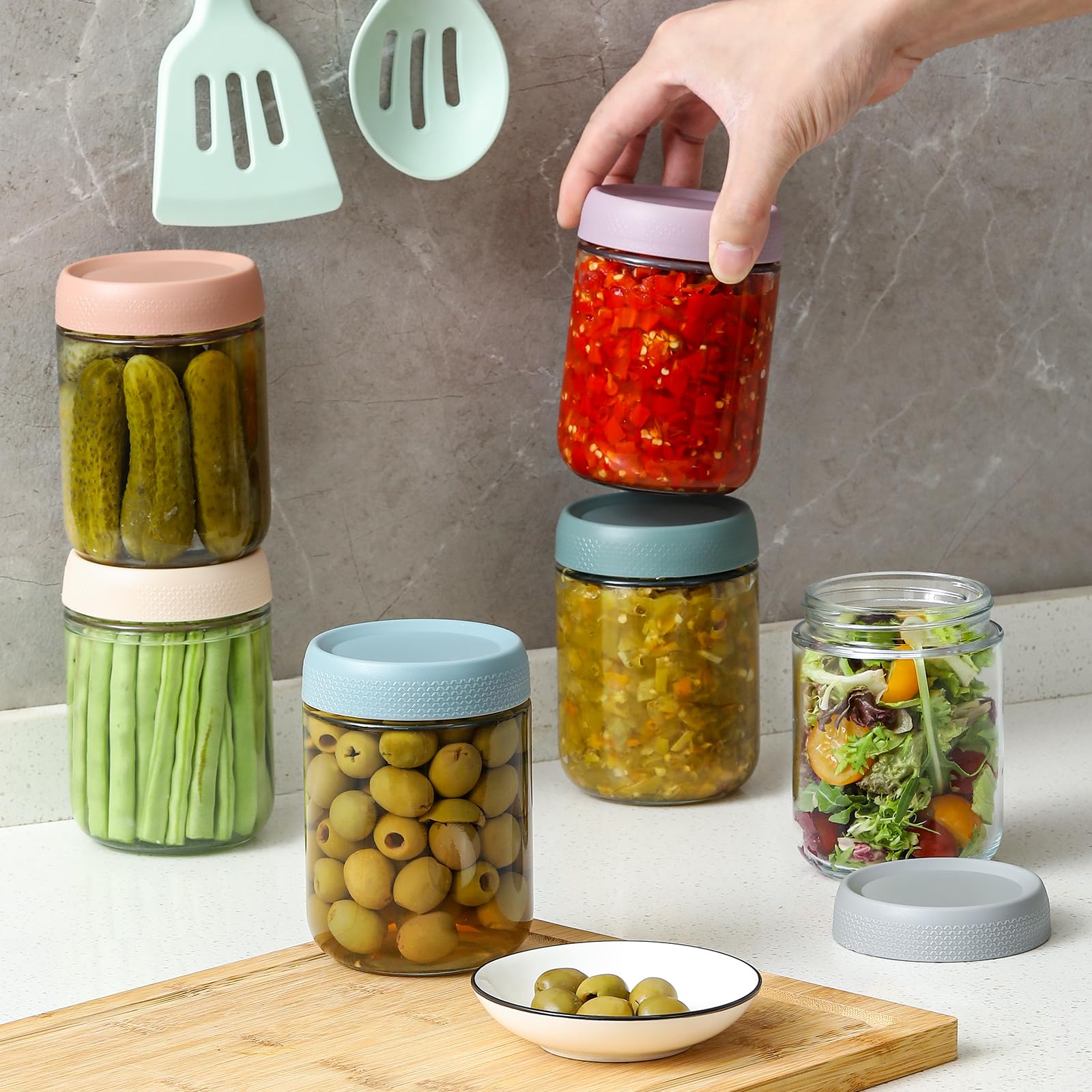 Airtight Glass Food Storage Jars – 16 oz Stackable Leakproof Containers (6-Pack, Multicolor)