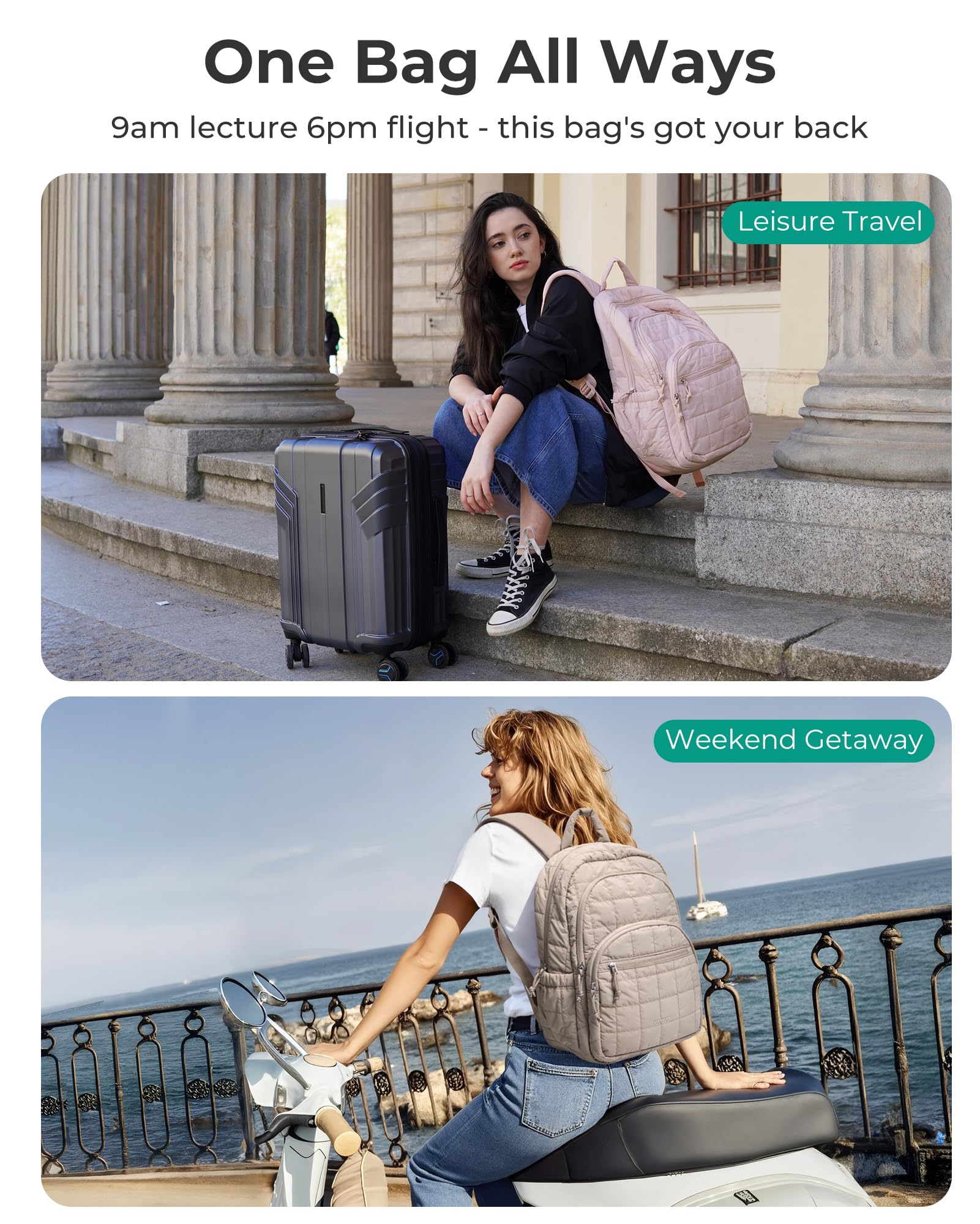 BAGSMART College Laptop Backpack for Women with Quilted Design, Water-Resistant Bookbag for 15.6 Inch Laptop