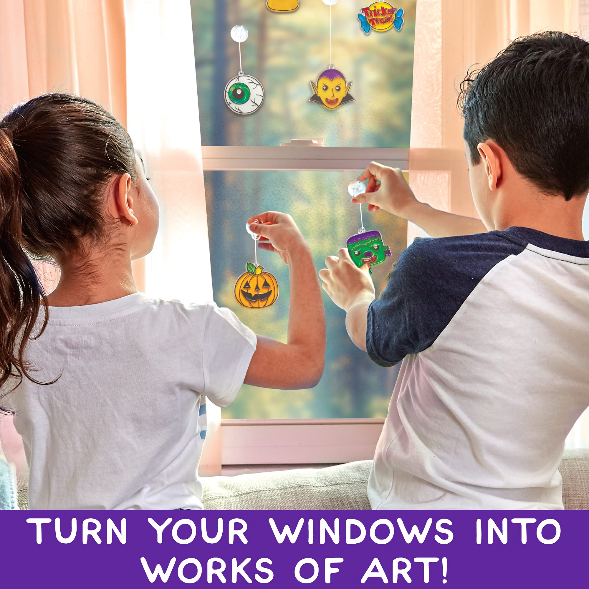 Made By Me Create Your Own Halloween Window Art by Horizon Group USA, Make 20 Projects, Includes Suncatcher Frames & Window Clings, Glow-in-The-Dark Paint, Paint Tubes, Suction Cups & Cording,Multi