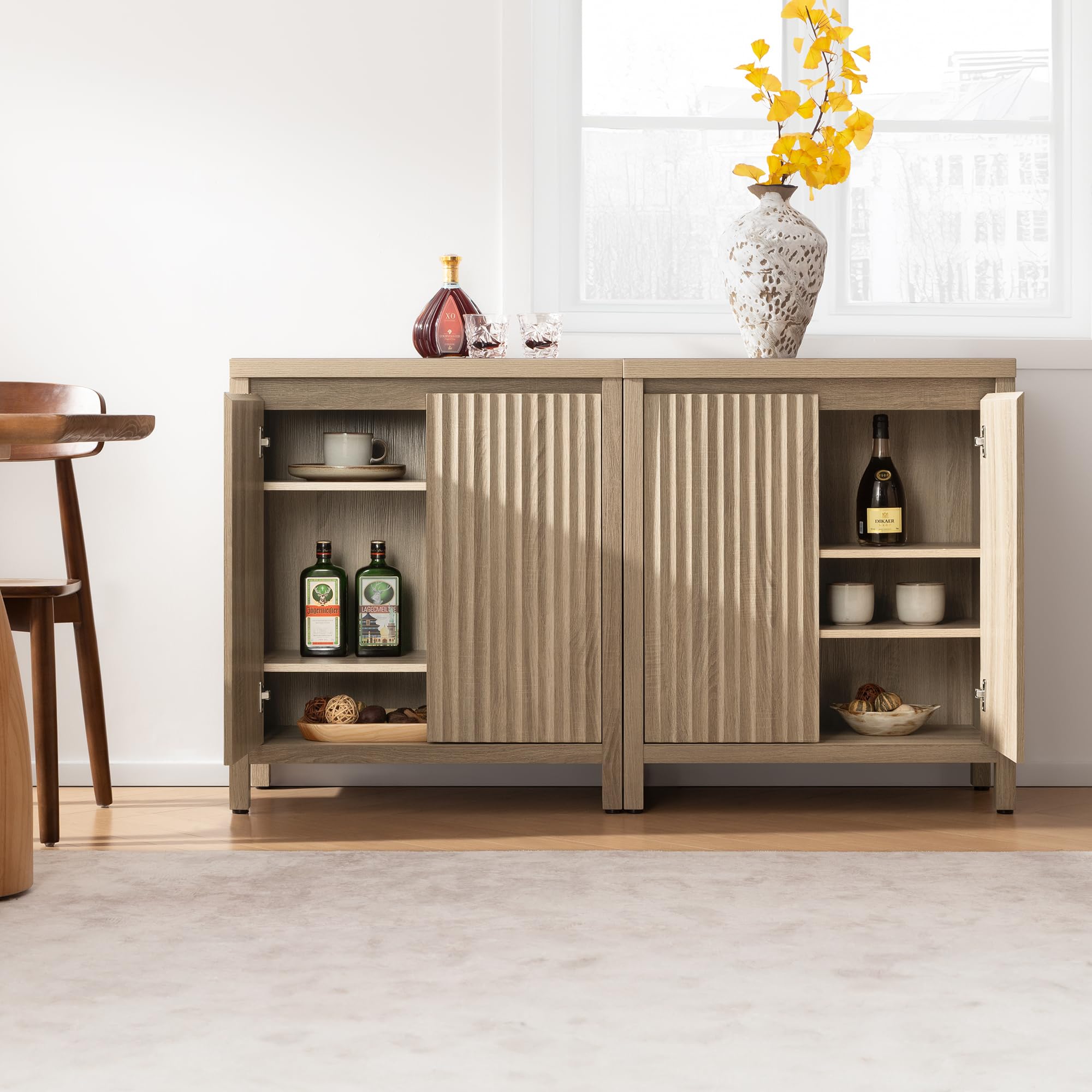Sicotas Sideboard Buffet Cabinet with Storage – Fluted Credenza Console with Adjustable Shelves, Reclaimed Light Oak (2-Piece Set)