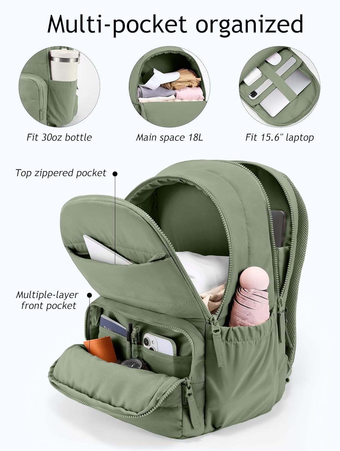 Sage Green Quilted School Backpack with Laptop Sleeve
