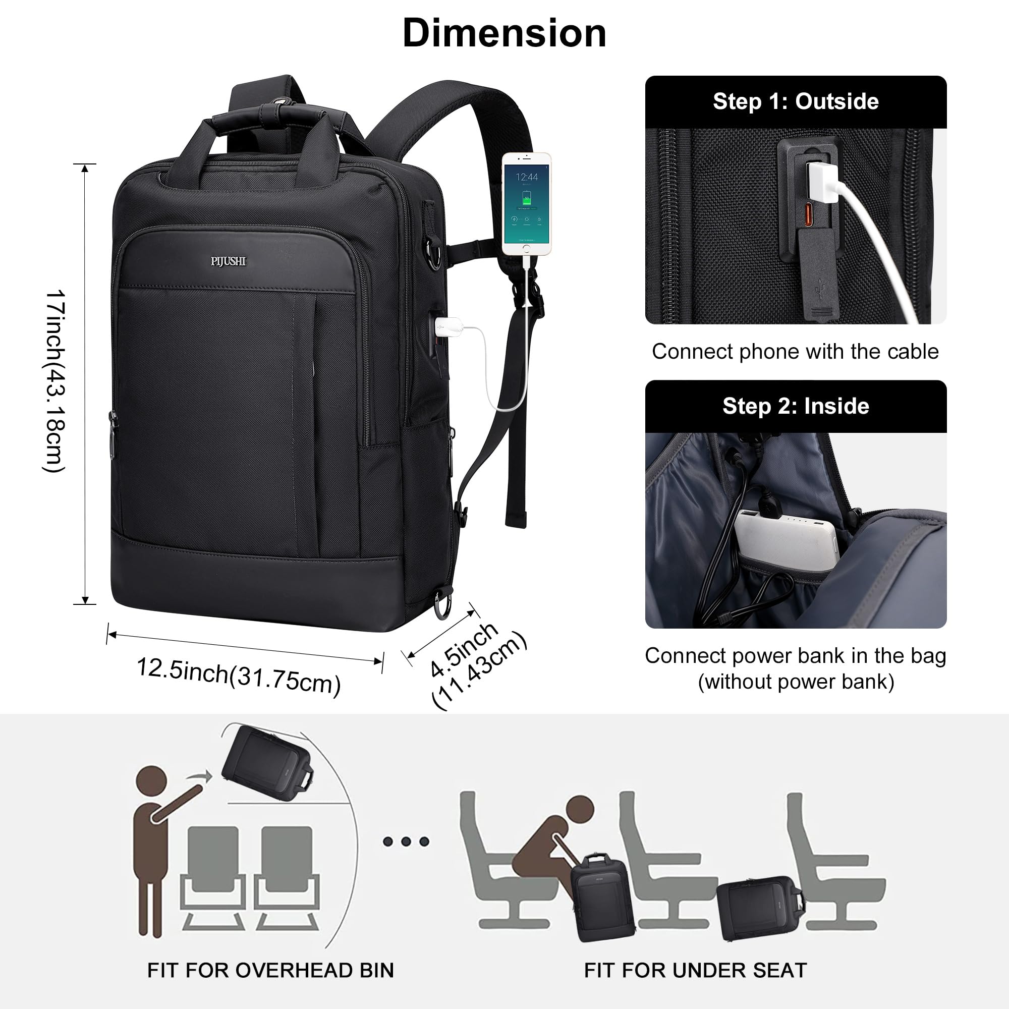 PIJUSHI 3-in-1 Convertible Laptop Backpack – Flight-Approved Personal Item with USB Charging & RFID Blocking (Black)
