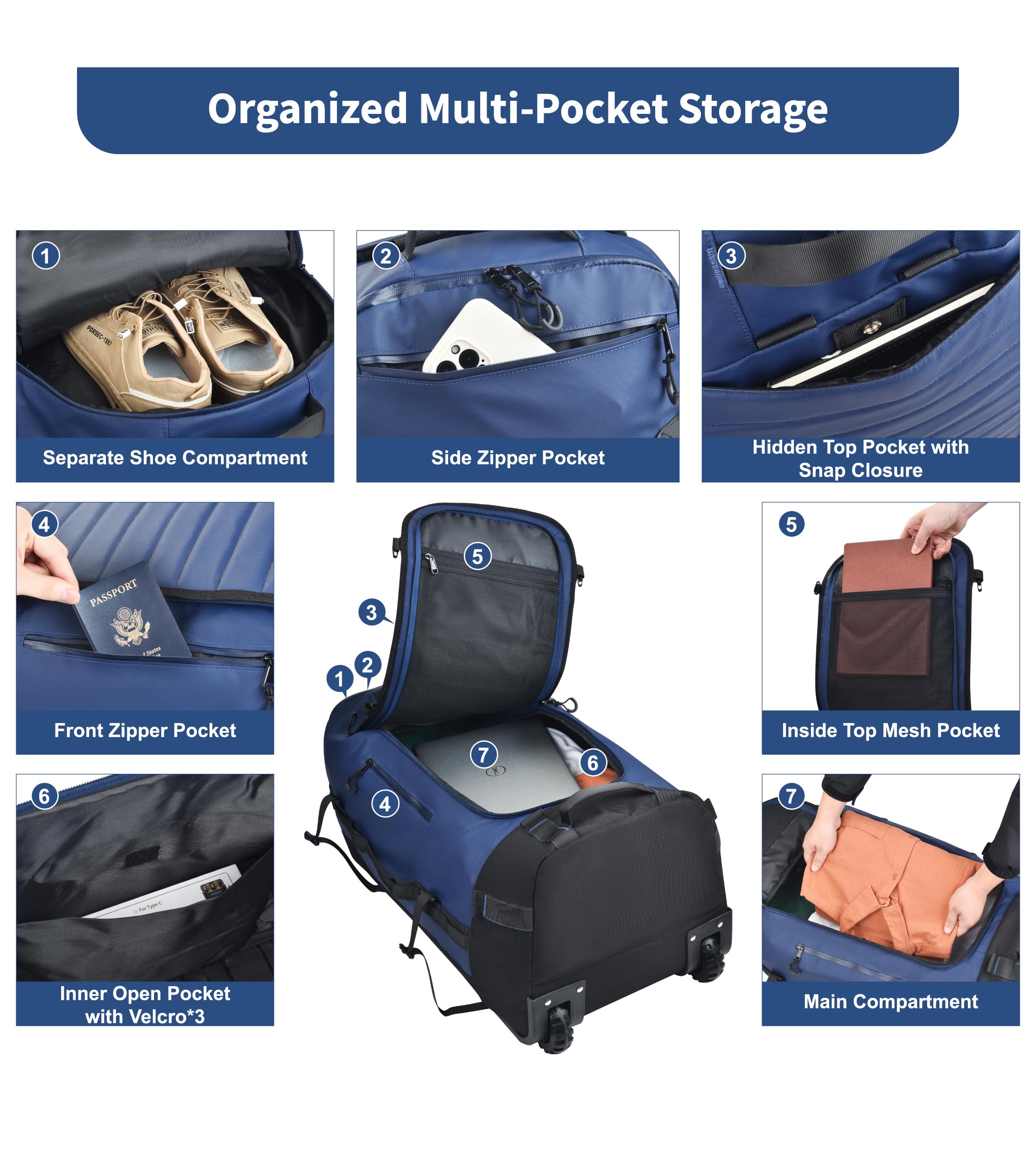 86L Foldable Rolling Duffel Backpack with Wheels – Extra Large Waterproof Convertible Travel Bag with Shoe Compartment (Blue)