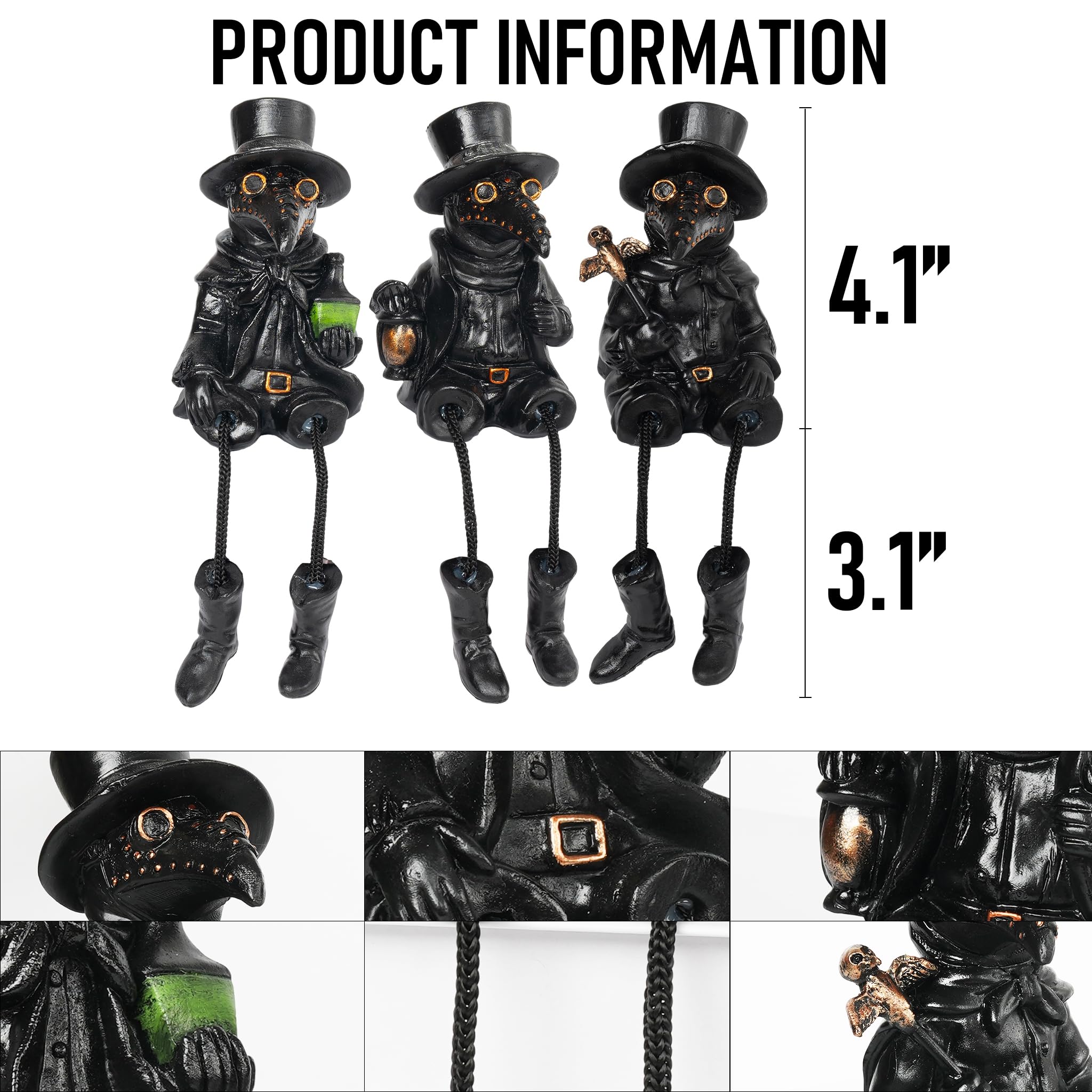 Vintage Plague Doctor Figurines (Set of 3) – Resin Halloween Shelf Sitters with Dangling Legs