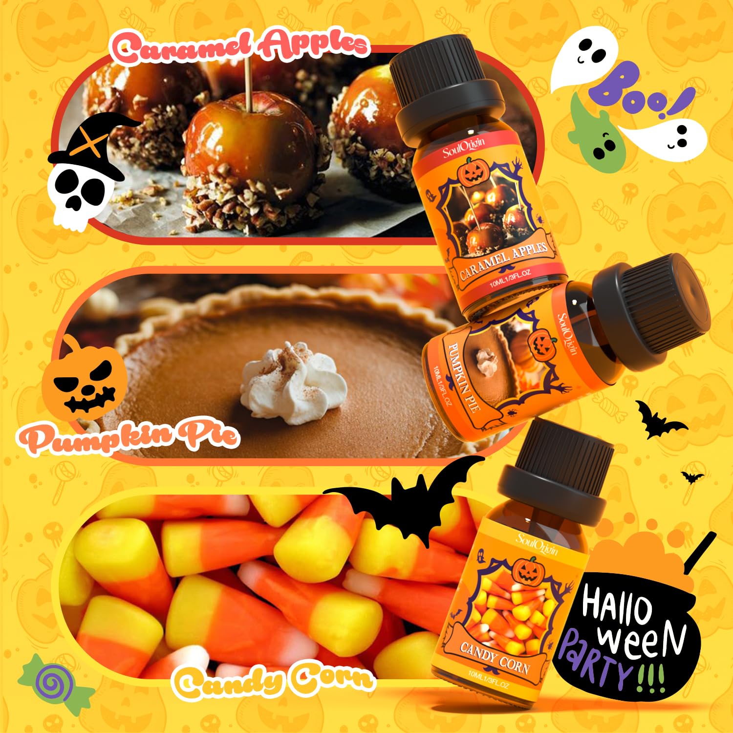 Halloween Essential Oil Set – 6 Frightfully Fun Scents (Caramel Apples, Pumpkin Pie, Candy Corn, Halloween Cookies, Popcorn Balls & Snickers Bars) – Festive Aromatherapy Oils for Candles, Diffusers & DIY Crafts
