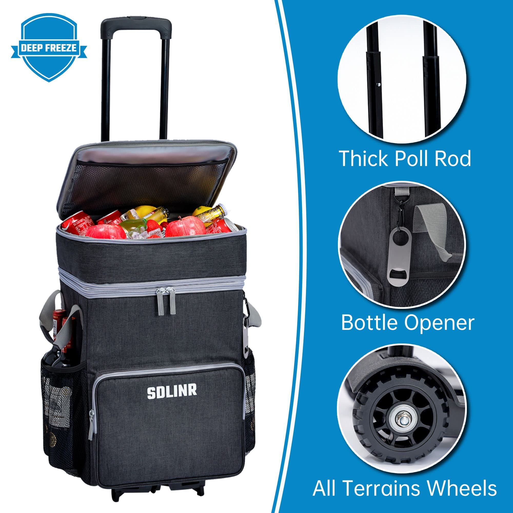 SDLINR 72-Can Large Rolling Cooler, Leakproof Insulated Soft Cooler with Detachable Cart & All-Terrain Wheels (Dark Gray)