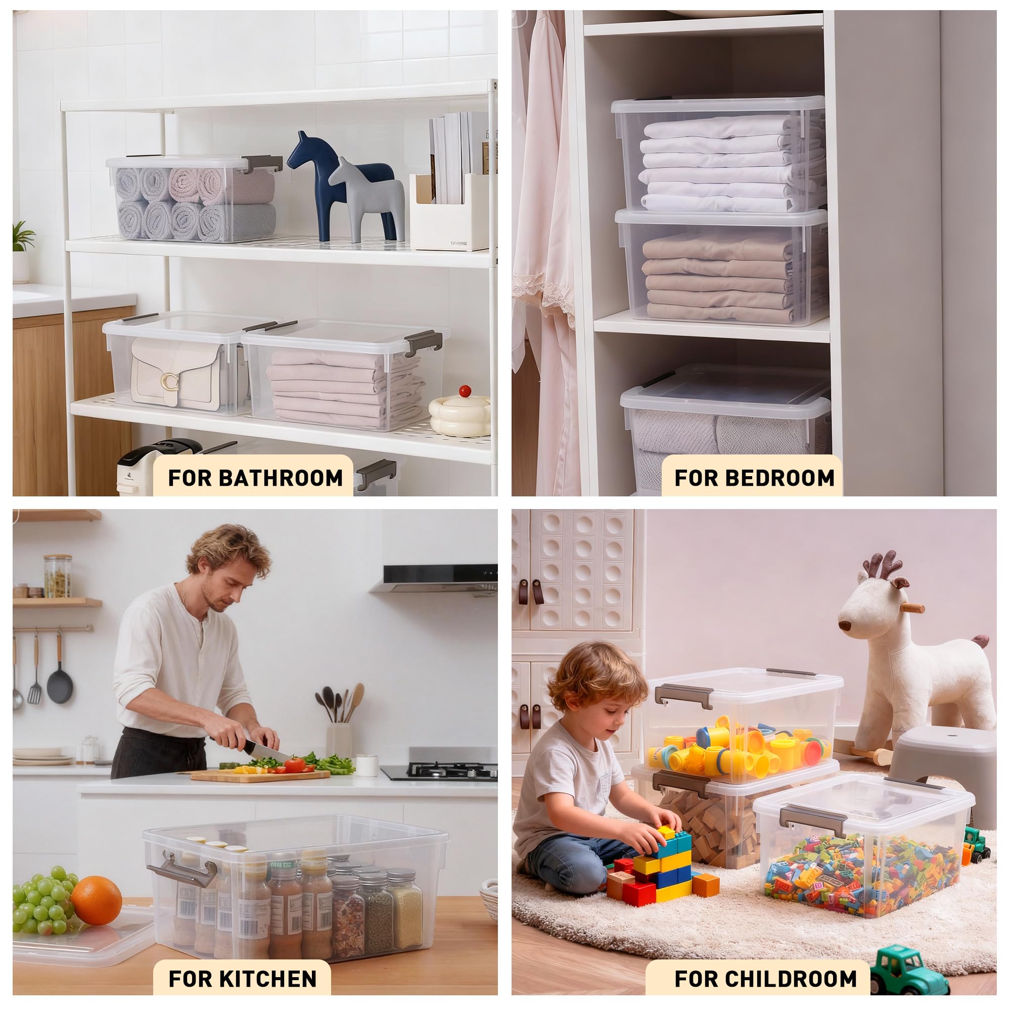 Clear White Stackable Storage Bins with Lids – 17 Qt Heavy-Duty Home Organization Set (6 Pack)