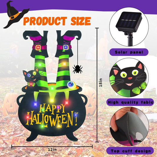 12x18 Halloween Garden Flag with Solar LED Lights – Multi-Colored Double-Sided Cat & Eyeball Cauldron Yard Decoration