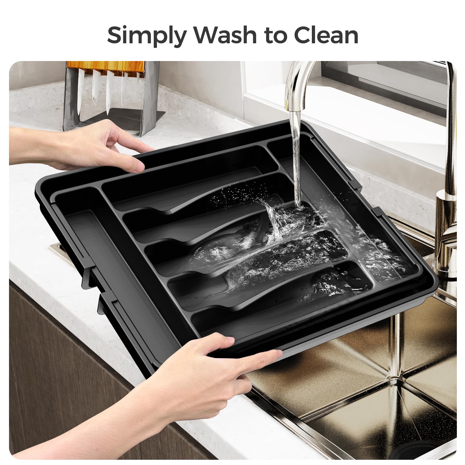Expandable Silverware Drawer Organizer – Adjustable Cutlery Tray with Deep Compartments (Black)