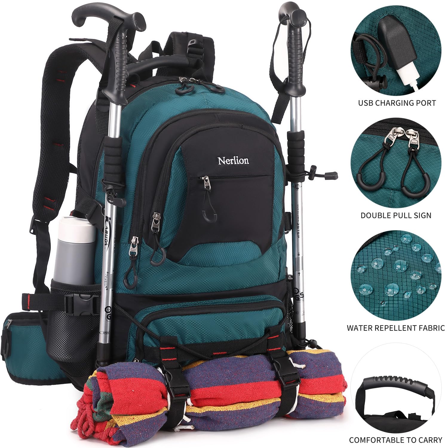 Nerlion 40L Lightweight Hiking Backpack for Travel, Camping & Outdoor Adventures – Waterproof Daypack – Dark Green