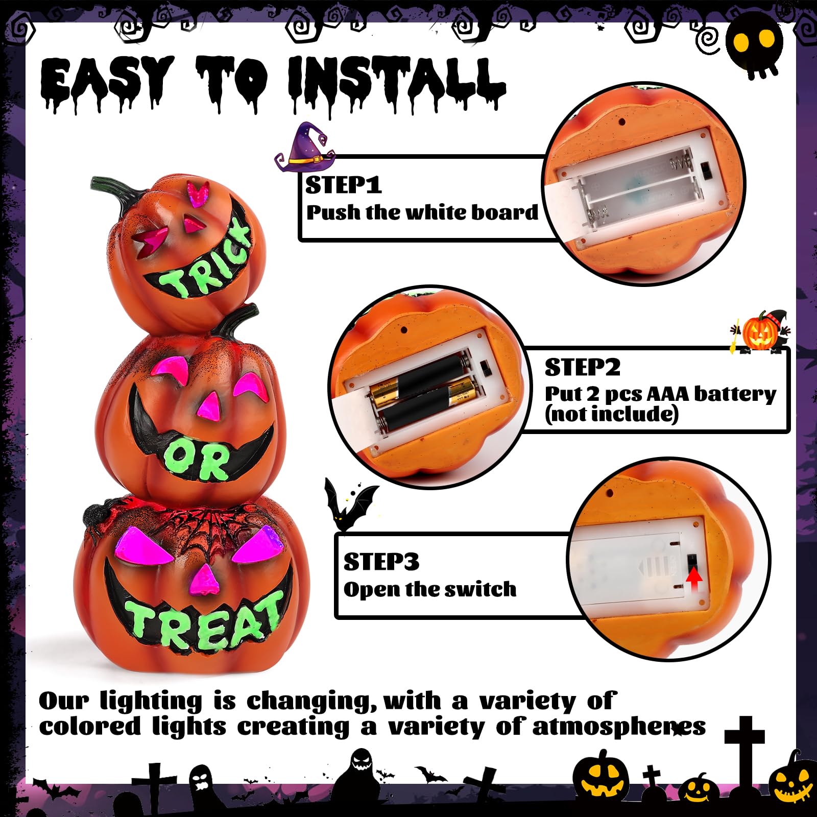 Trick or Treat Pumpkin Lantern – Color-Changing LED Jack-O’-Lantern Stack Light, Battery Operated Halloween Decoration (Resin Design)