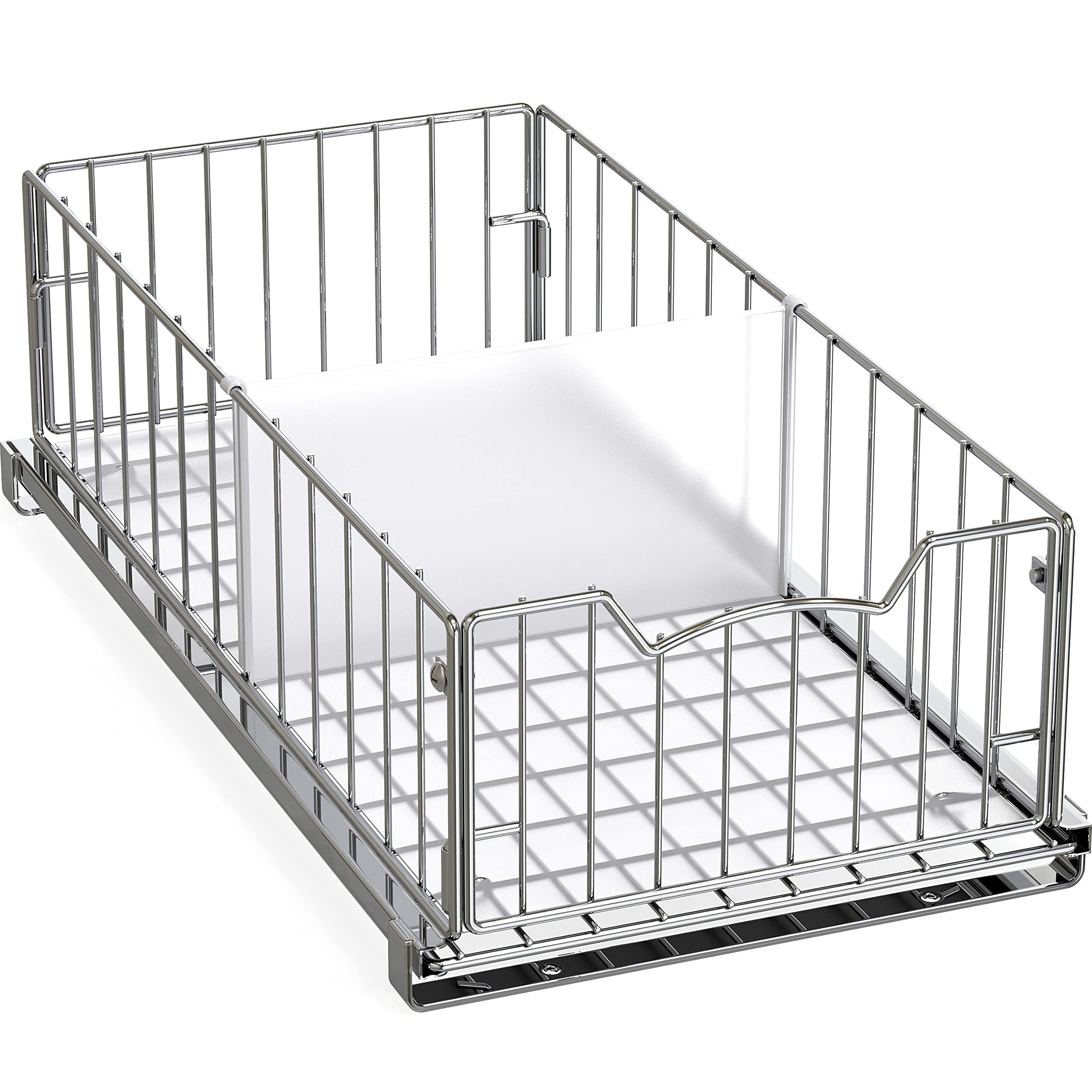 Pull-Out Cabinet Sliding Basket Organizer with Divider – Chrome Finish for Deep Cabinets